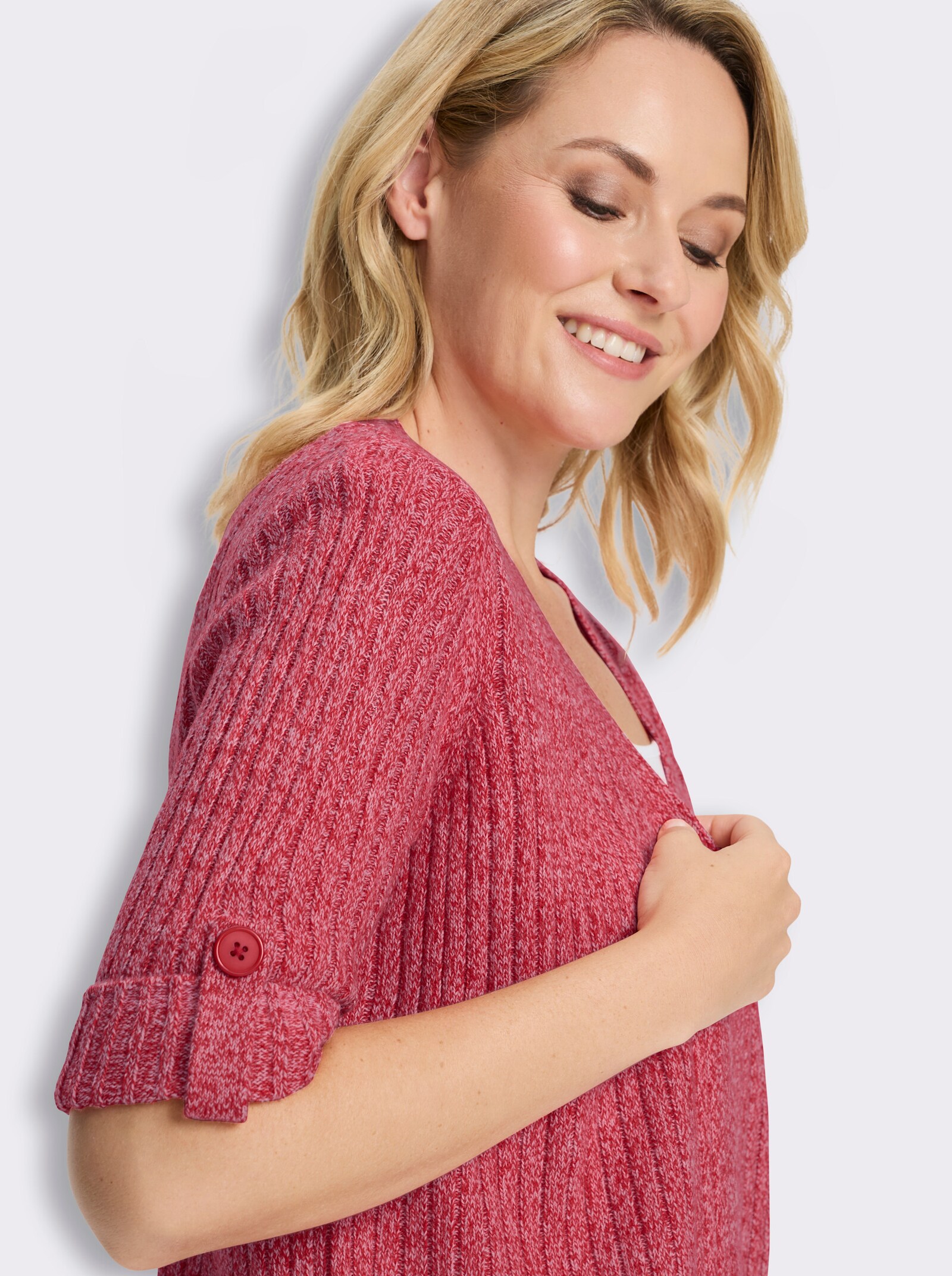 Strickjacke in Rippen-Optik - erdbeere-weiß-meliert