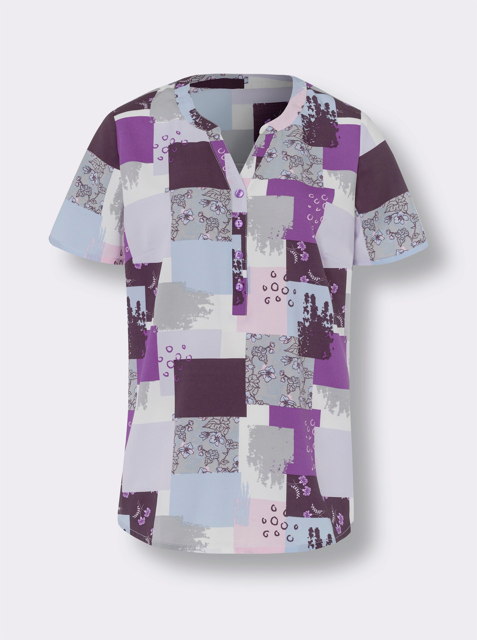 Kurzarmbluse mit Patchwork-Optik - flieder-lila-bedruckt