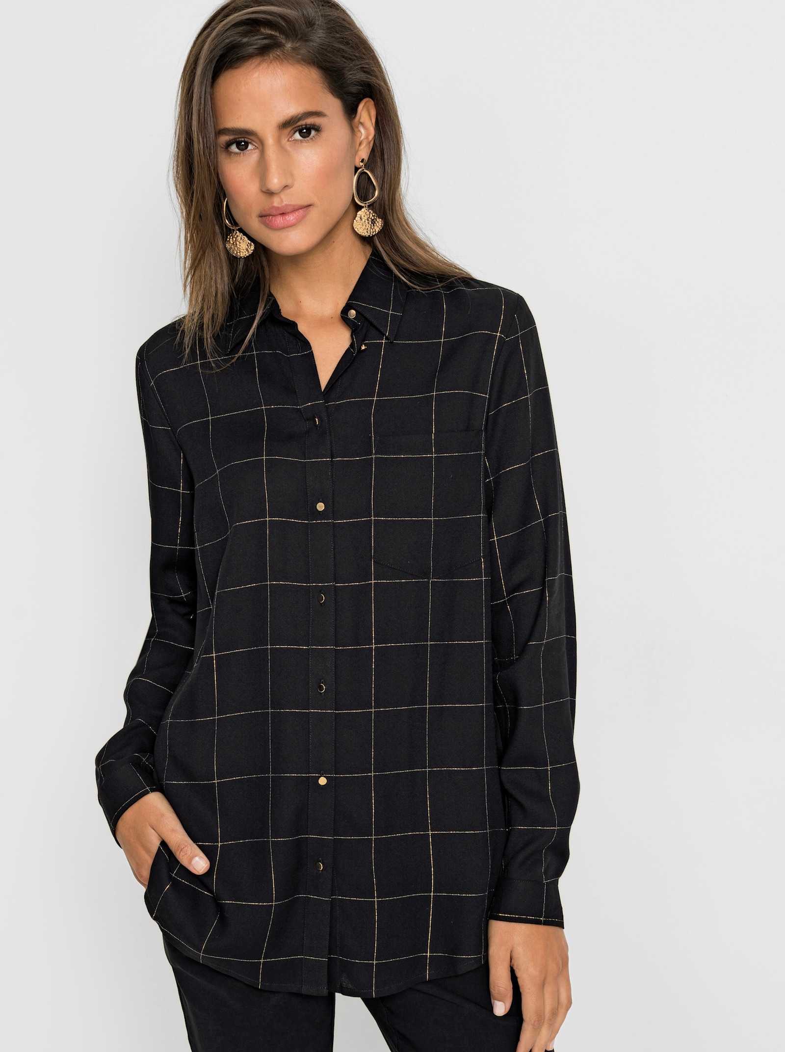 Langarm-Bluse mit Effektgarn - schwarz-goldfarben-kariert