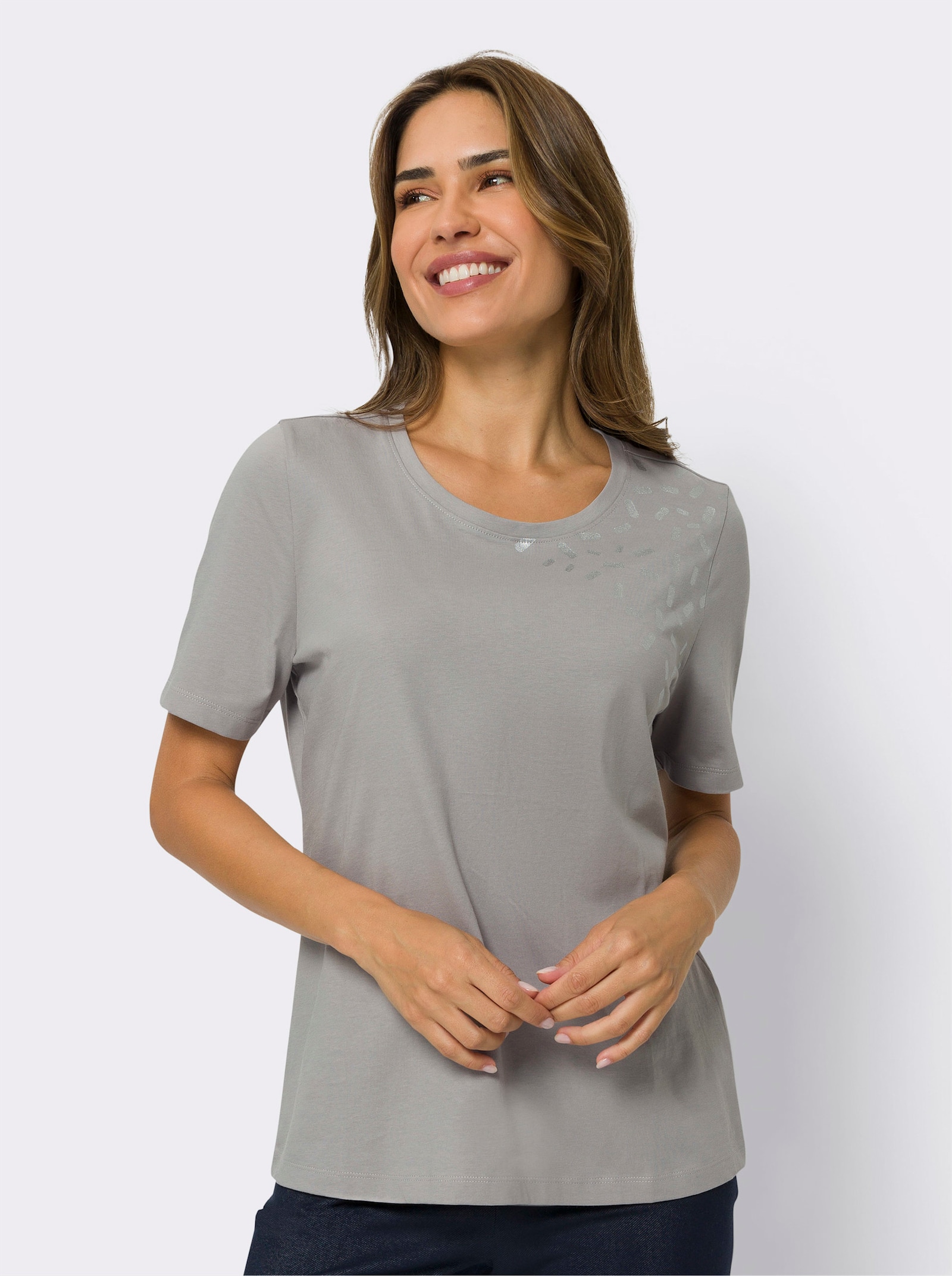 Freizeitshirt mit Glanz-Druck - steingrau