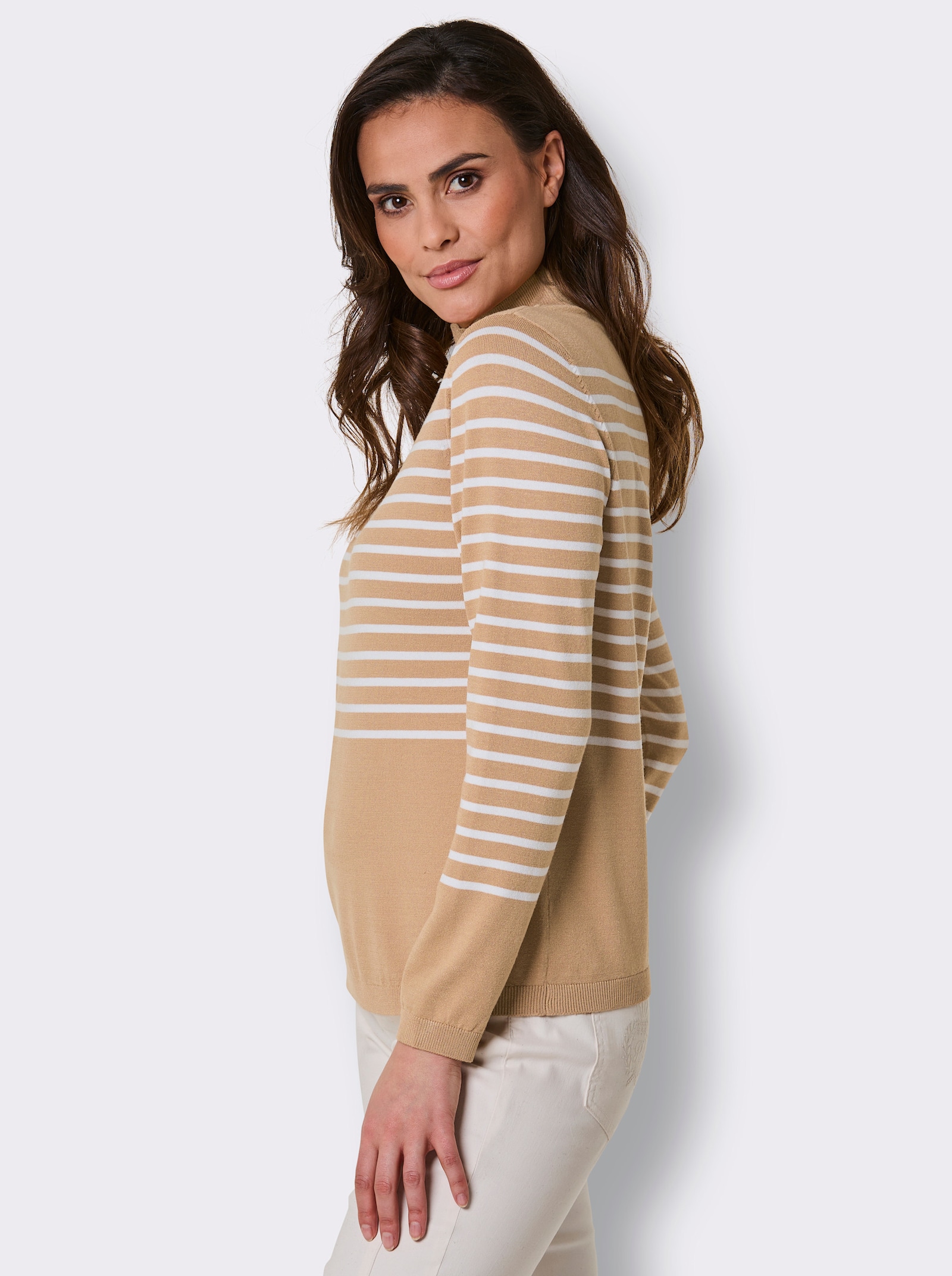 CREATION L PREMIUM Feinstrickpullover mit Wellenkante - camel-ecru-geringelt