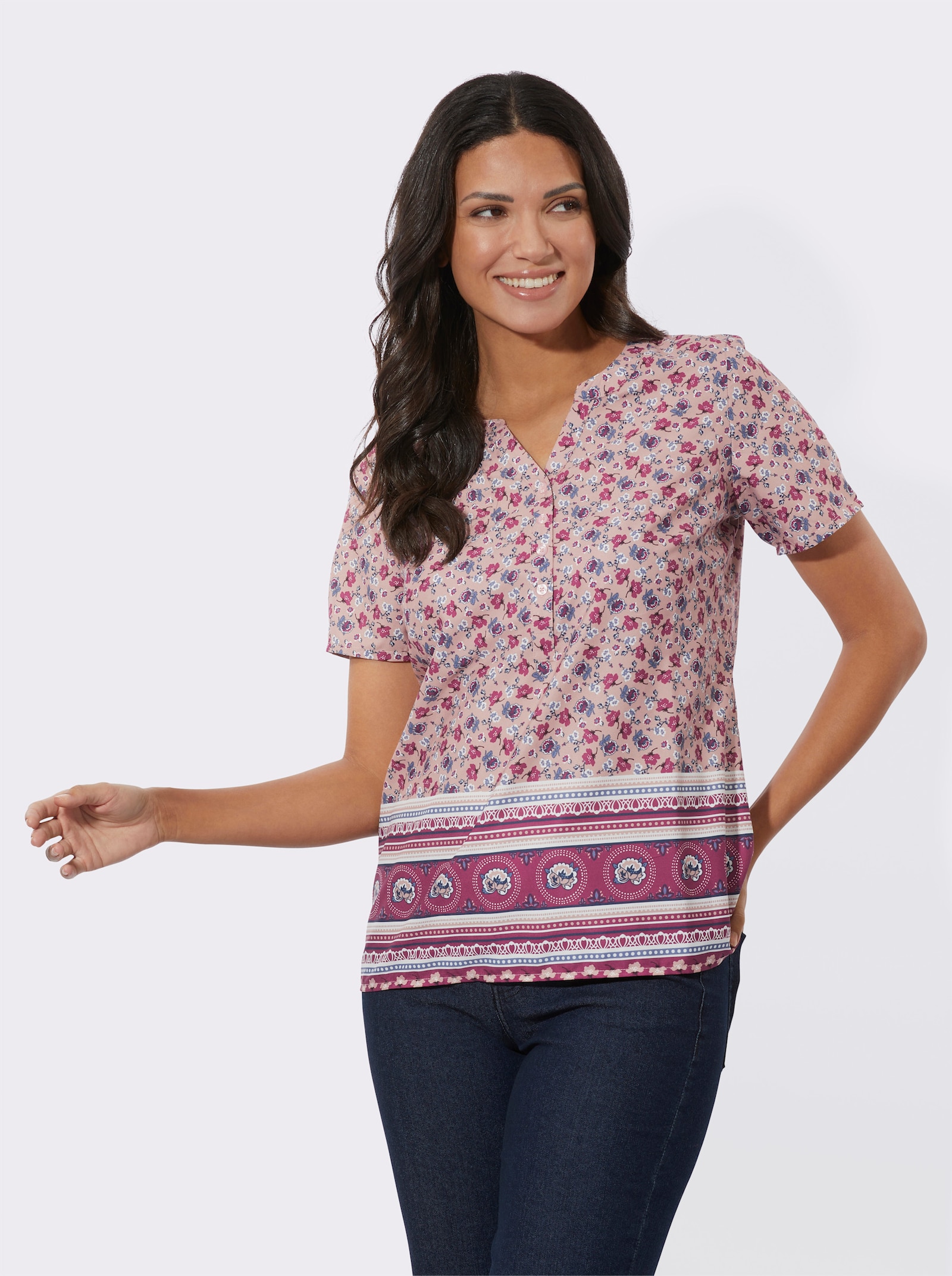 Schlupfbluse mit Bordüren-Print - hortensie-erika-bedruckt