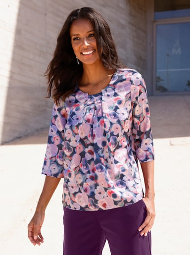 Satinbluse mit Falten am Ausschnitt - marine-puder-bedruckt