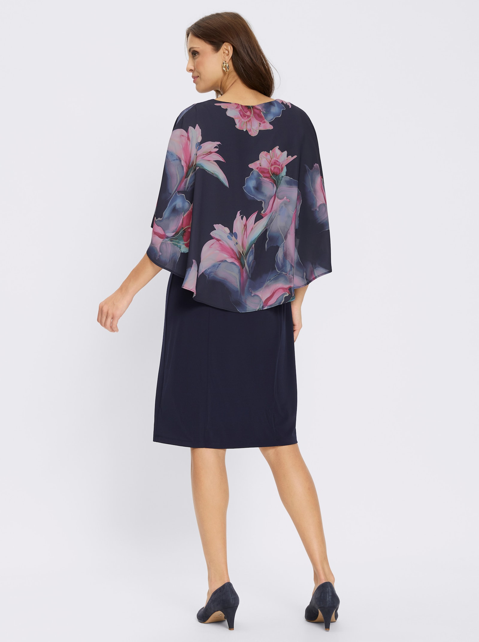 Cocktailkleid mit Cape in Chiffon-Qualität - marine-bordeaux-bedruckt