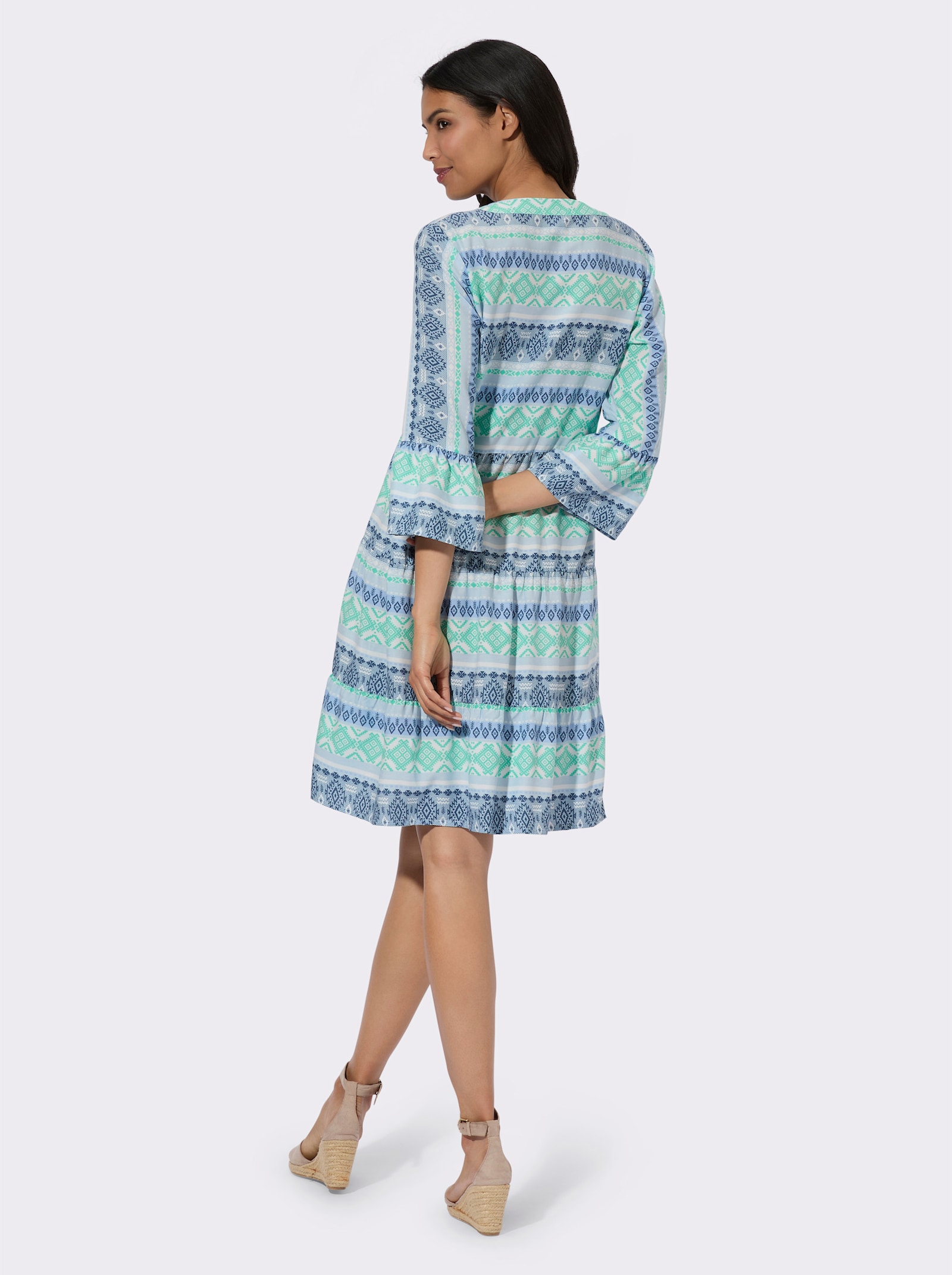 Stufenkleid mit Volant am Ärmelabschluss - hellblau-jeansblau-bedruckt