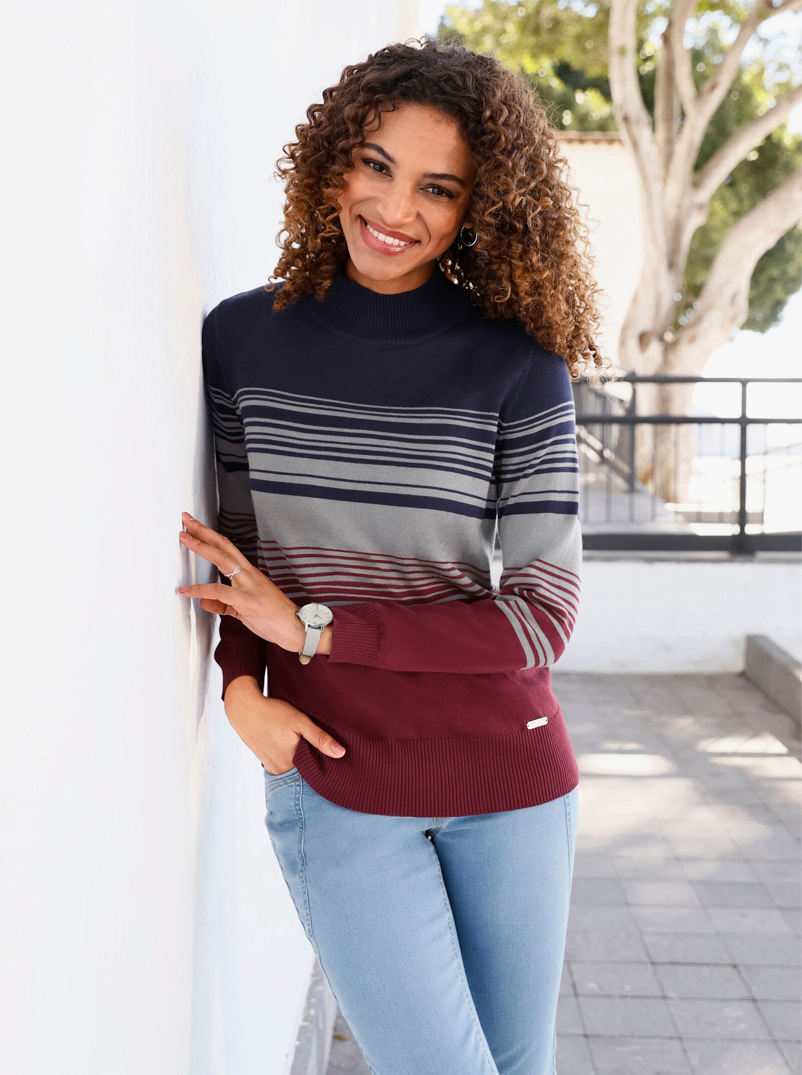 Pullover met opstaande kraag en strepen - donkerrood/grijs gestreept