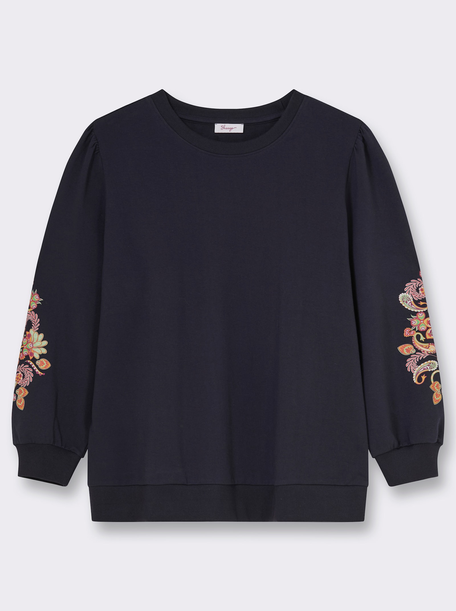 sheego Sweatshirt mit Blumenprint am Ärmel - tiefblau-malve