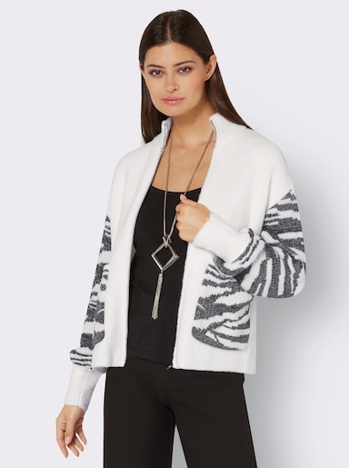 Jacquardstrickjacke in kurzer Form - ecru-graphit-gemustert