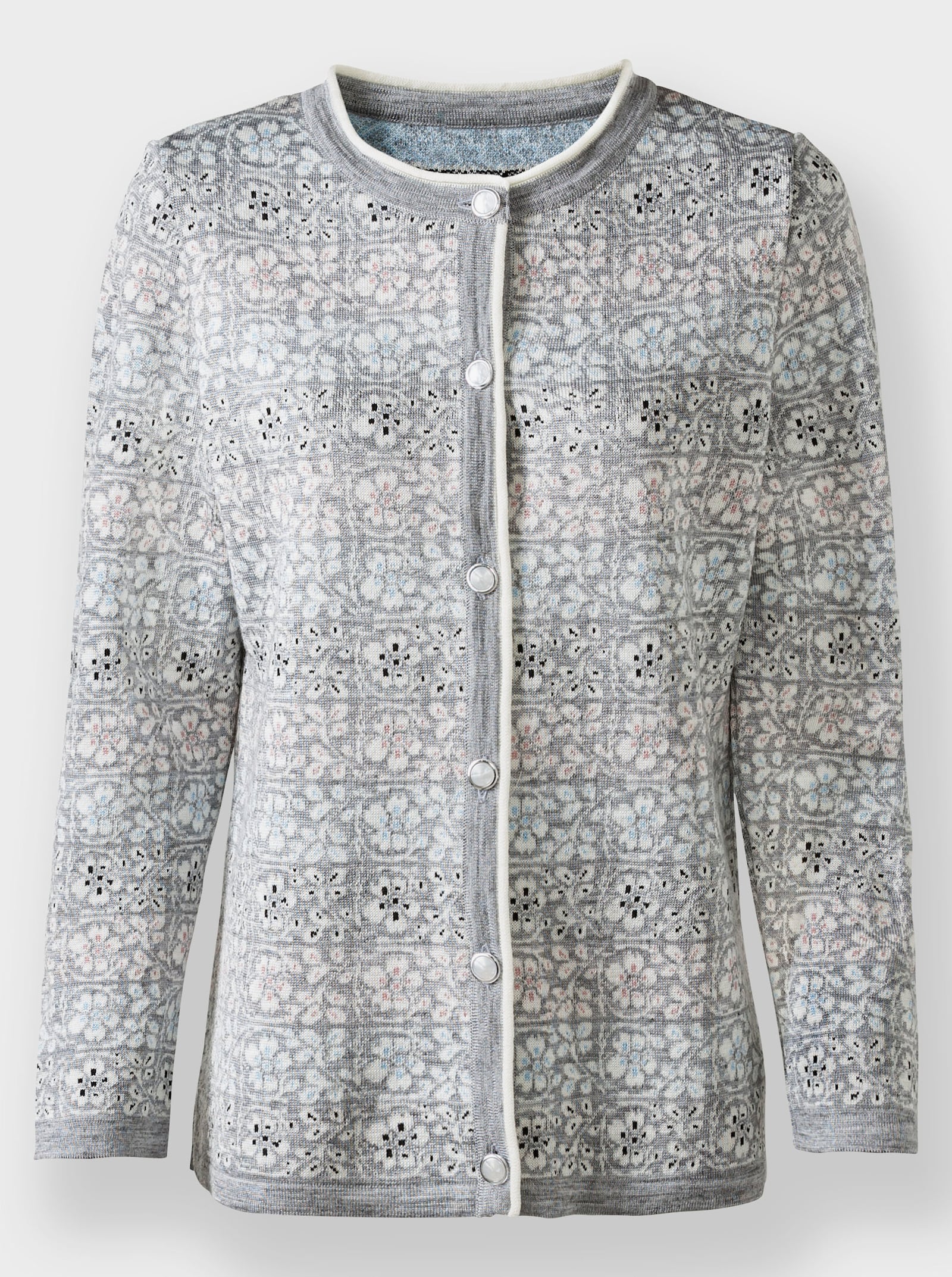 Strickjacke mit Intarsien-Muster - steingrau-ecru-gemustert