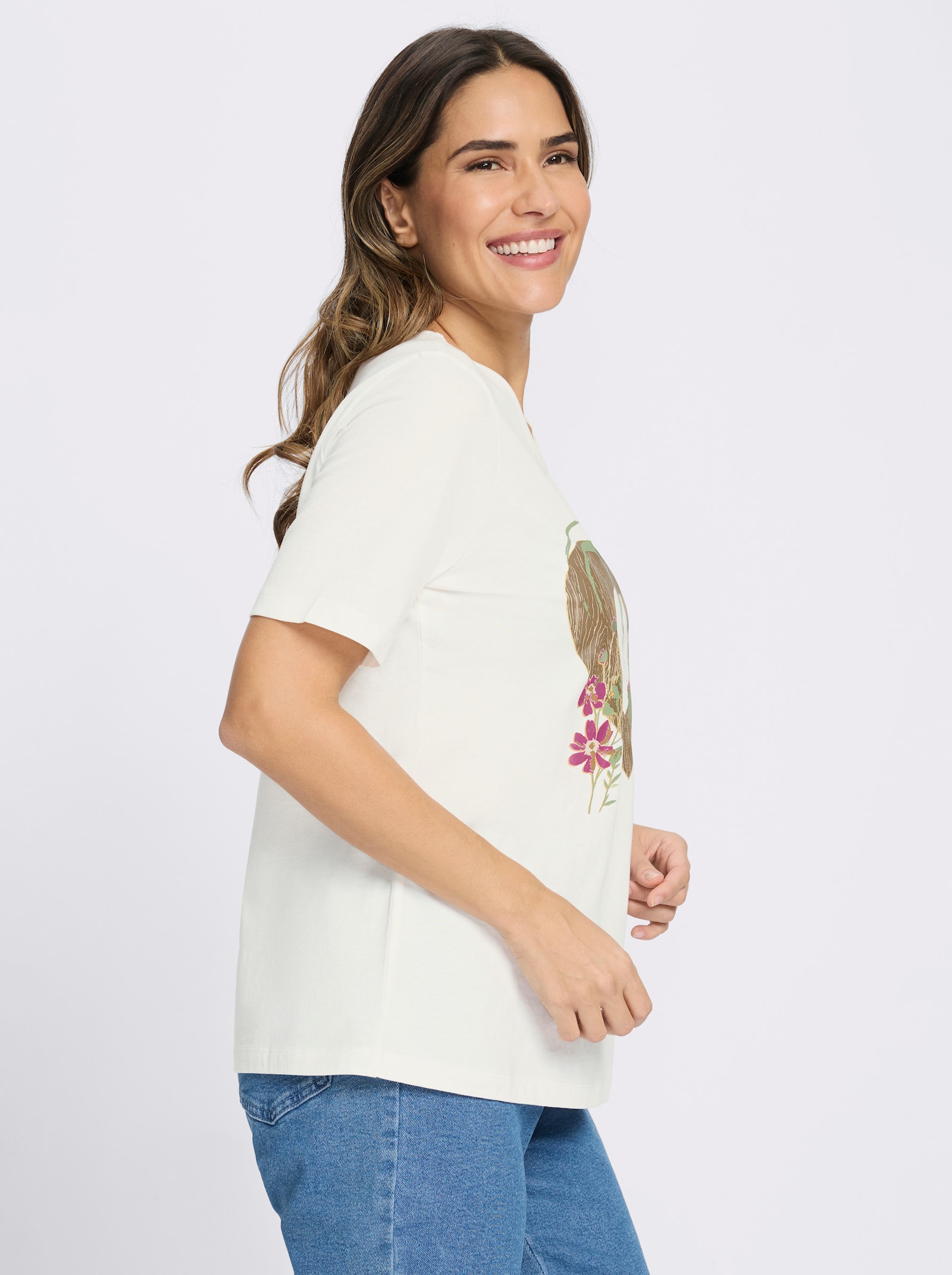 Kurzarmshirt im Trachtenstil - ecru-braun