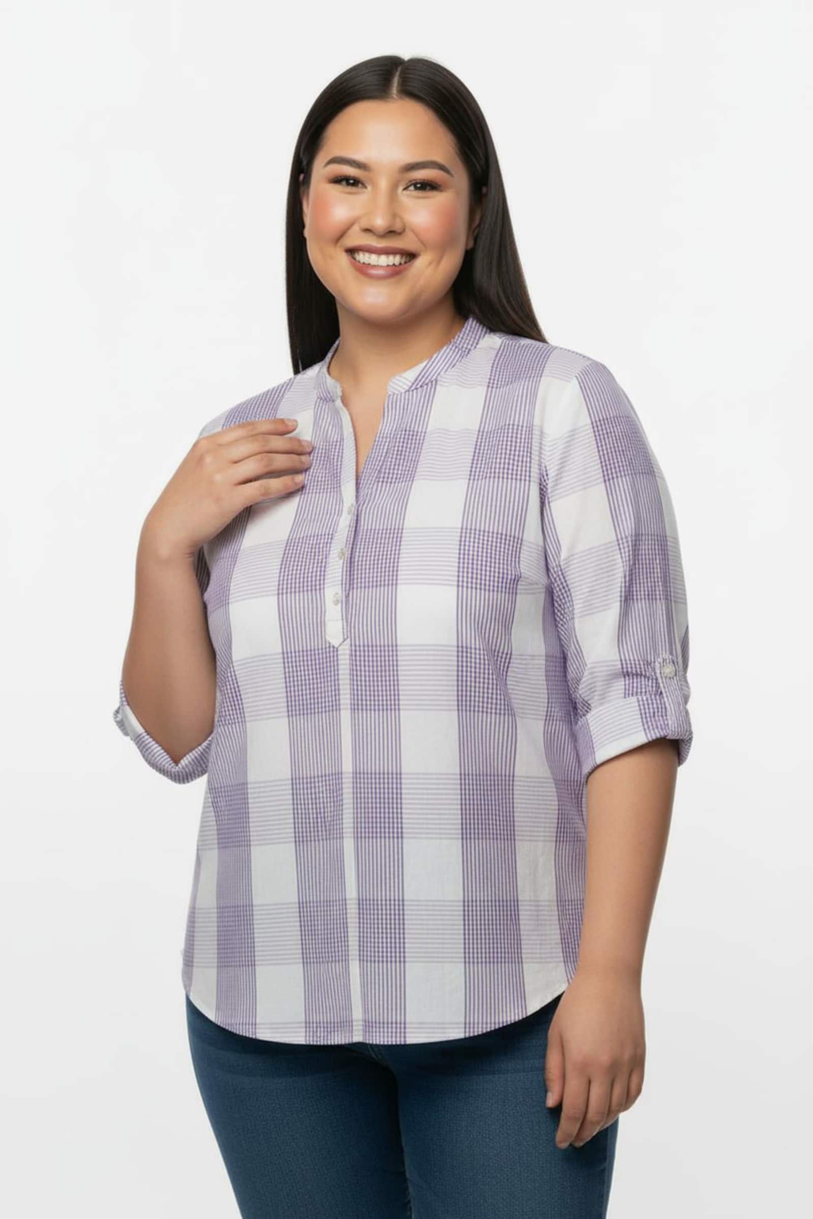 Baumwollbluse mit Stehkragen, kariert - lavendel-weiß-kariert