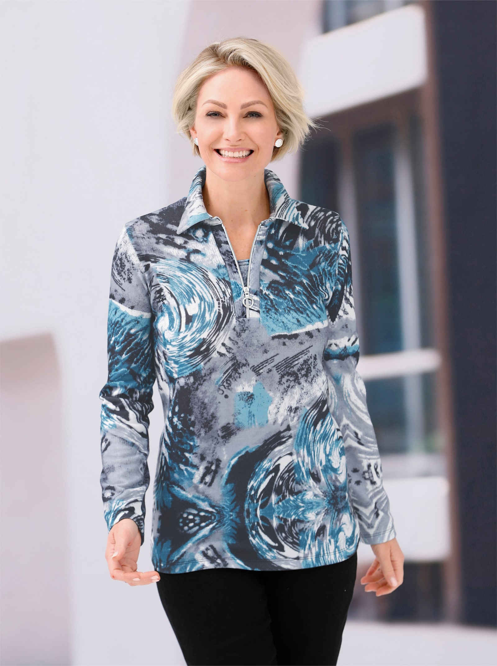 Poloshirt mit unterlegtem Reißverschluss - petrol-grau-bedruckt