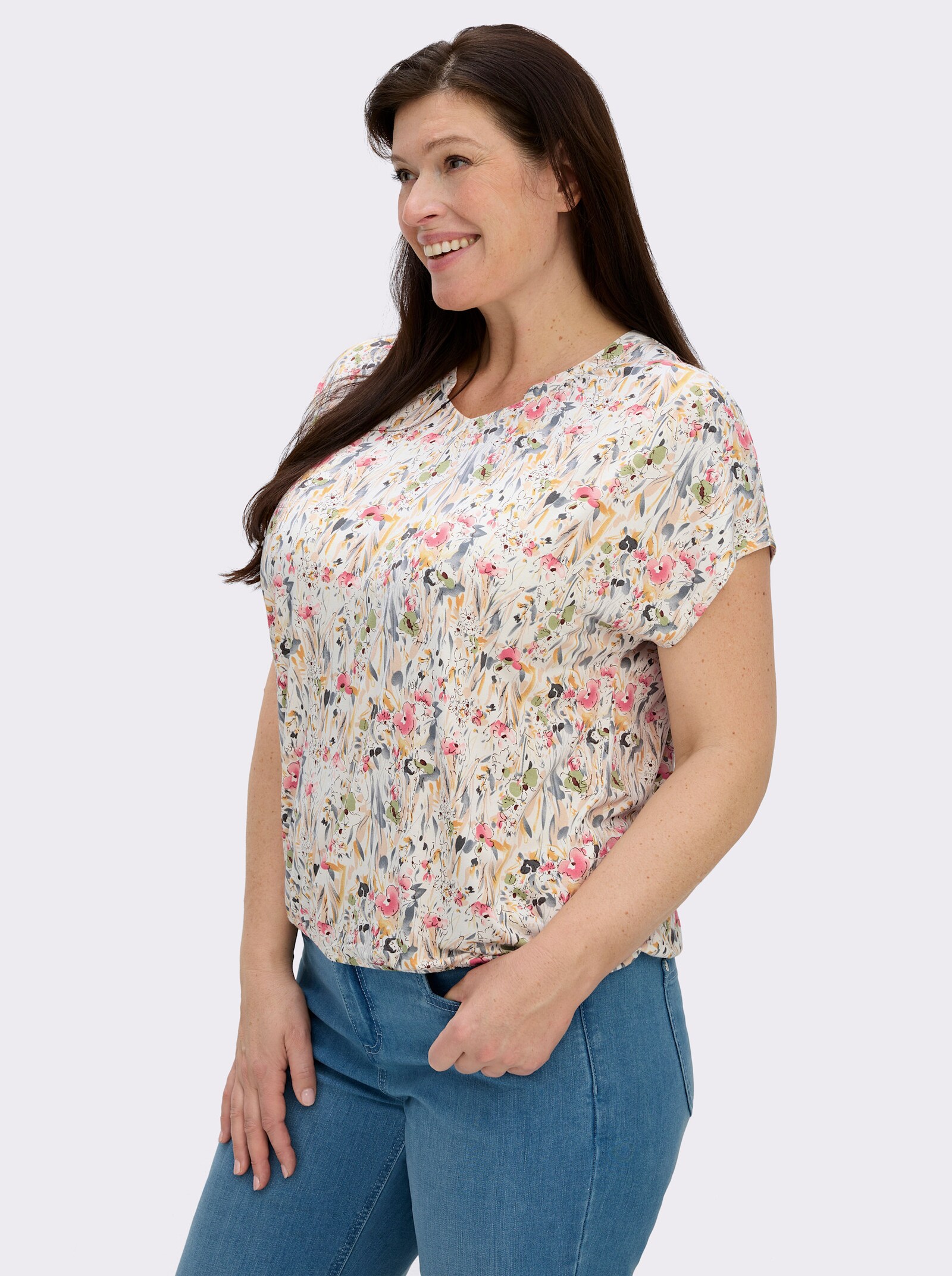 Print-Shirt mit kleinem V und Raffung am Ausschnitt - ecru-bedruckt