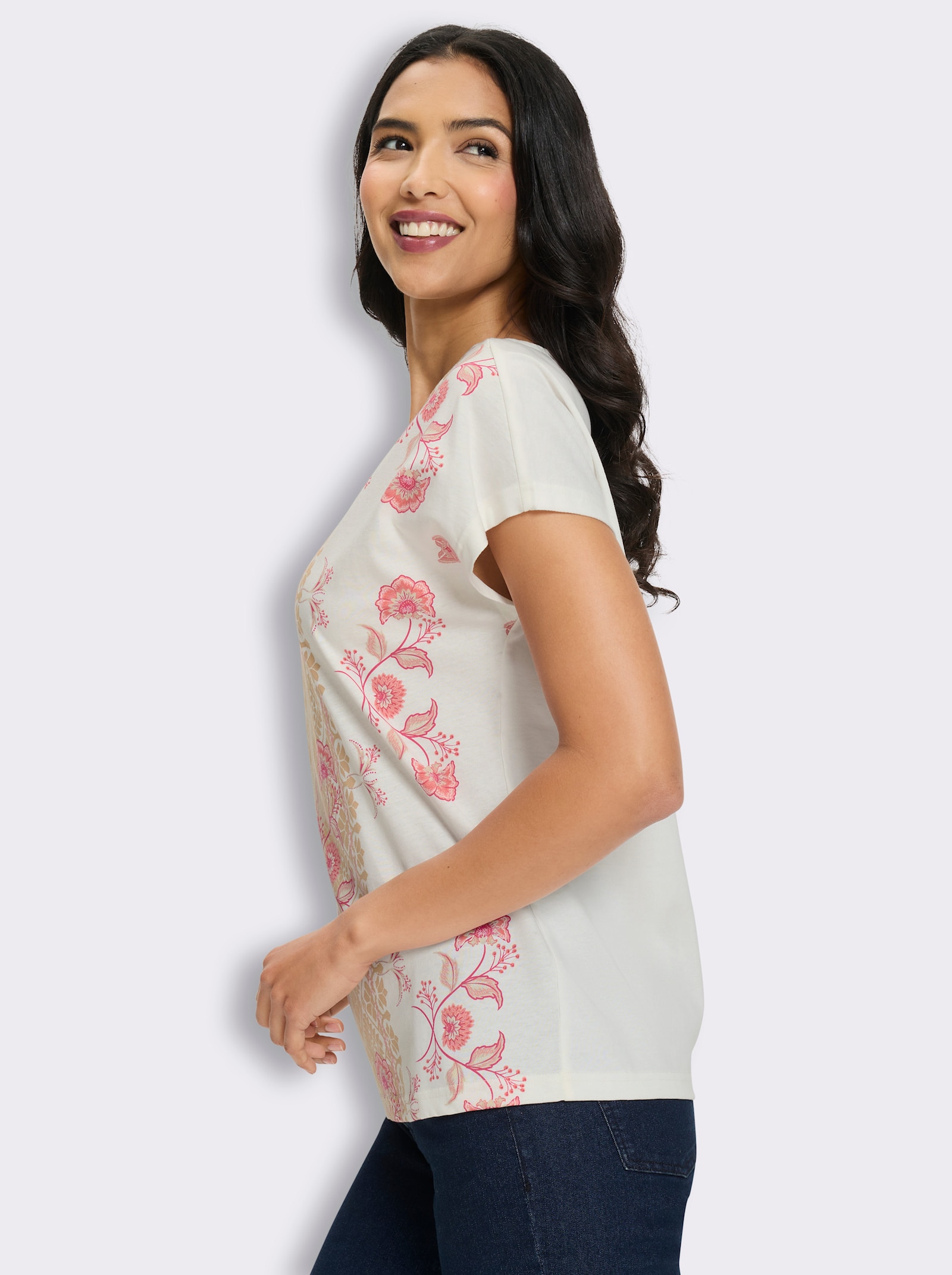 Print-Shirt mit überschnittenen Schultern - ecru-flamingo-bedruckt