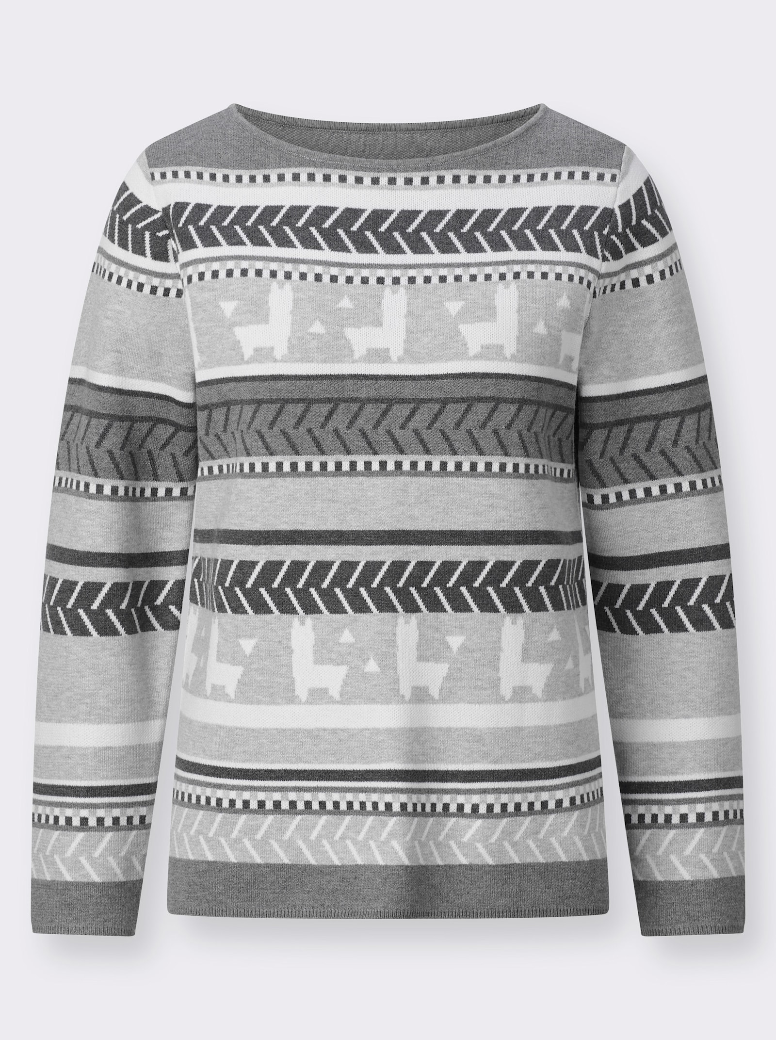 Jacquard-Pullover mit Lamas - hellgrau-graphit-gemustert