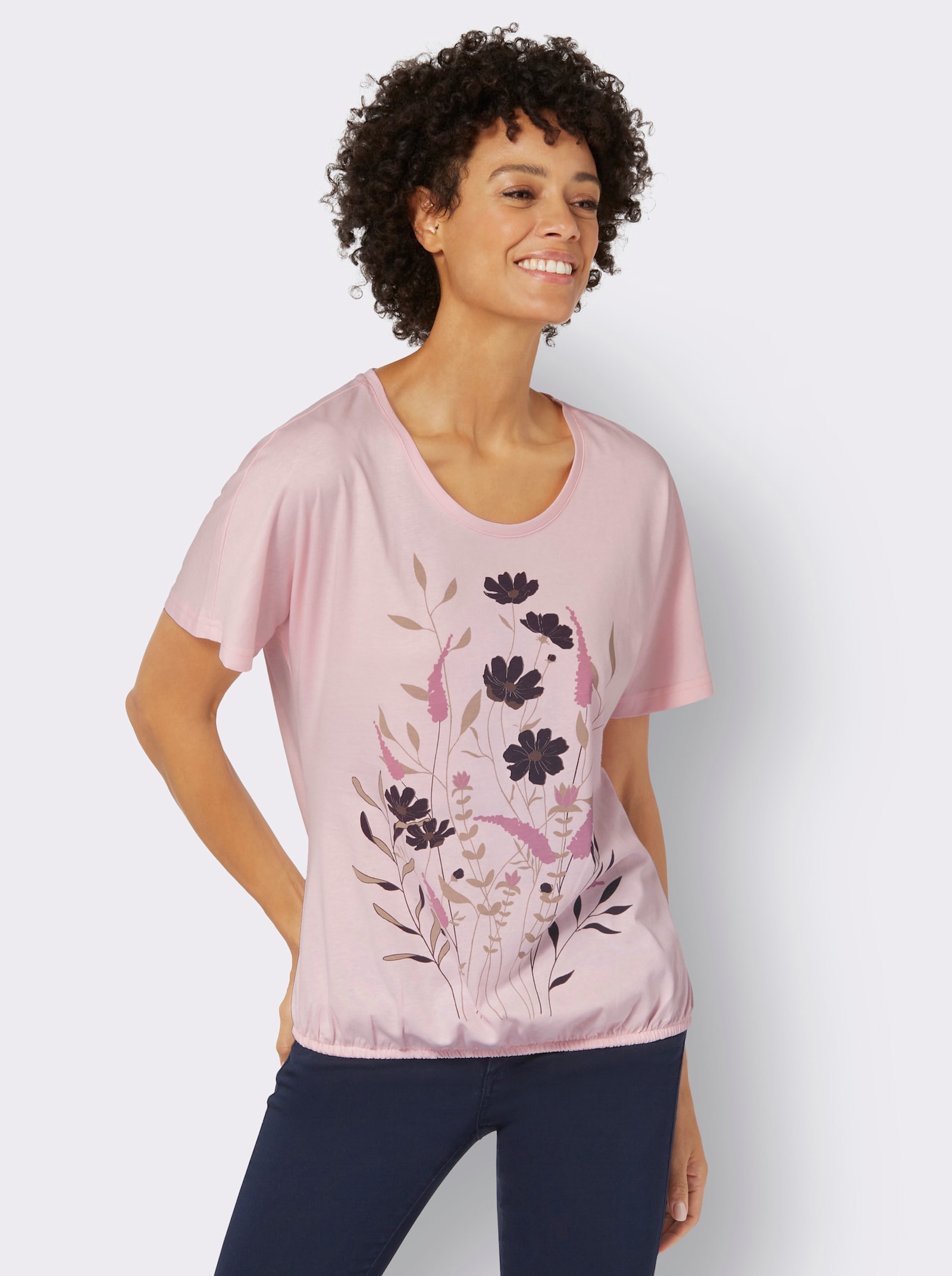 T-Shirt mit Blumen-Druck im Vorderteil - hellrosé