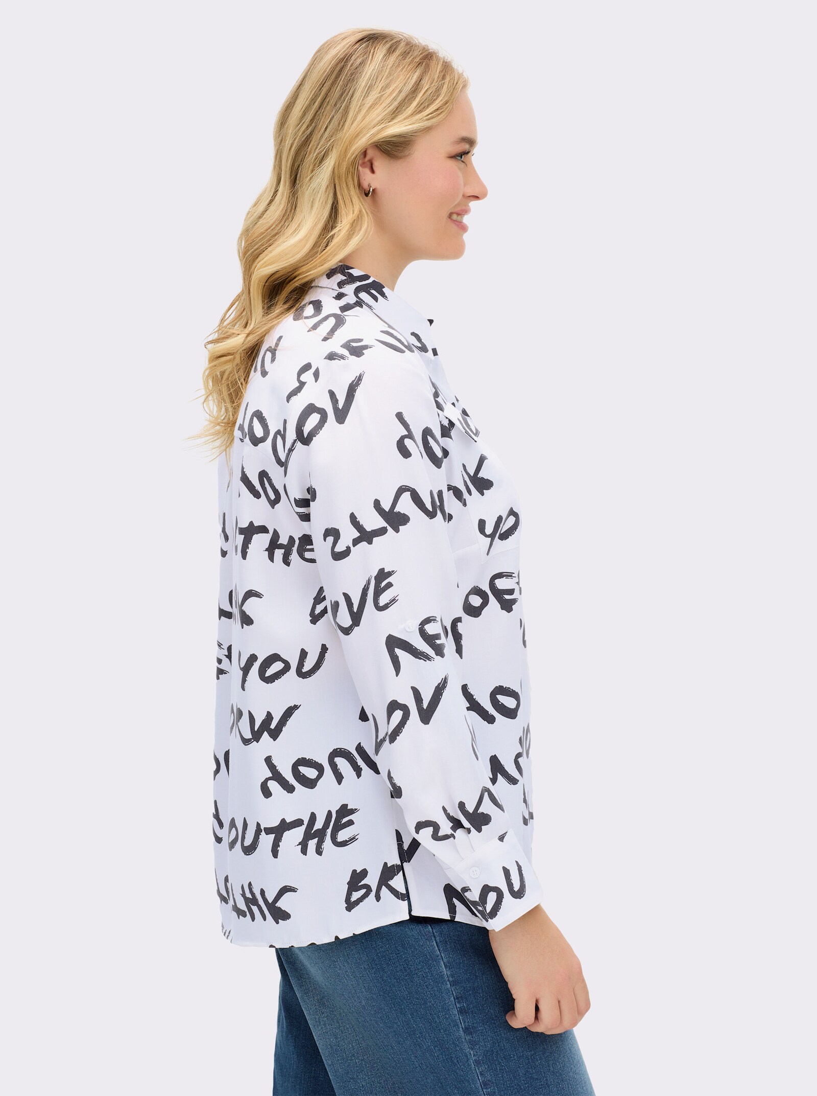 Hemdbluse mit 3/4-Ärmeln, reines Lyocell - weiß-schwarz-bedruckt