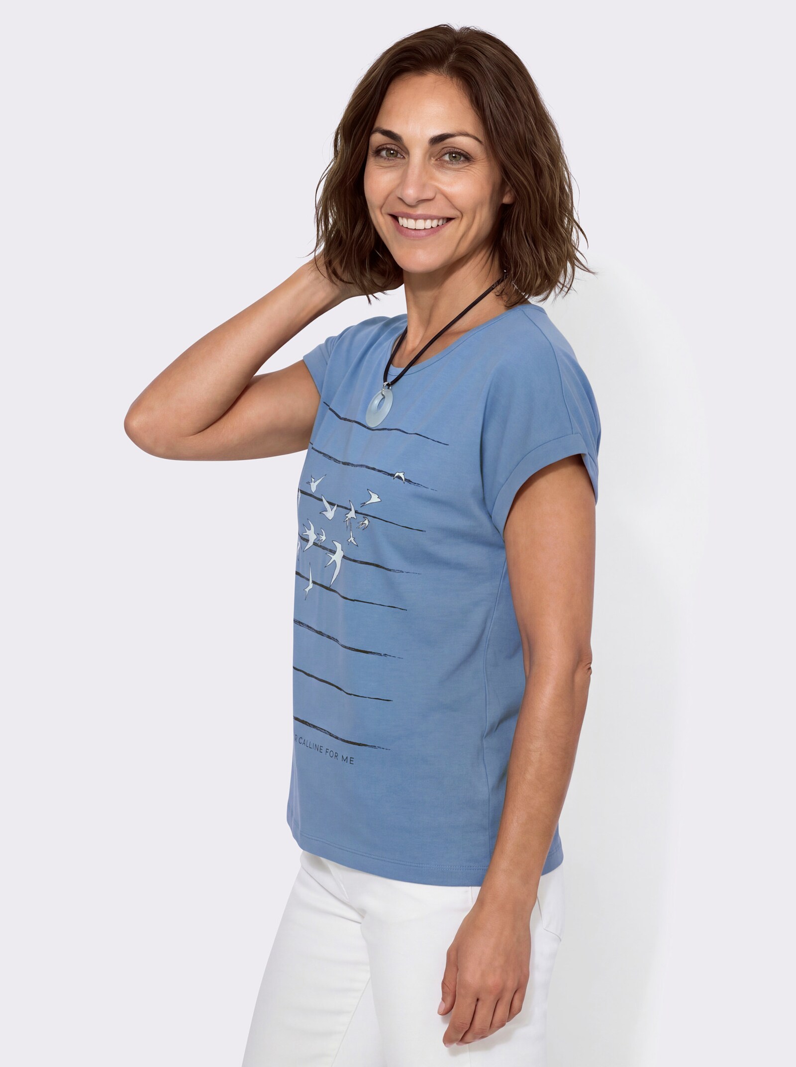 Print-Shirt mit überschnittenen Schultern - mittelblau-marine-bedruckt