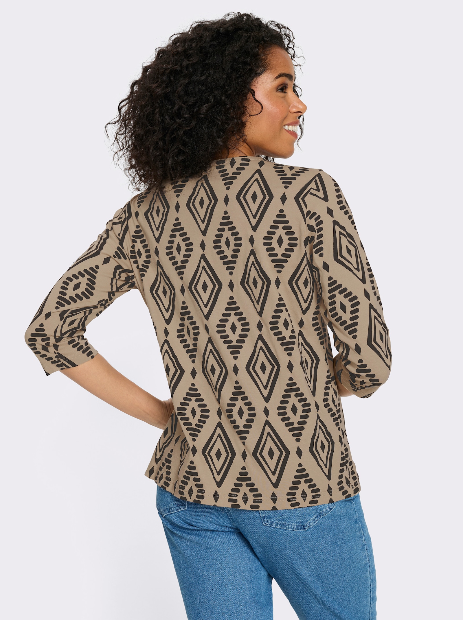 3/4-Arm-Shirt aus reiner Baumwolle, bedruckt - beige-schwarz-bedruckt