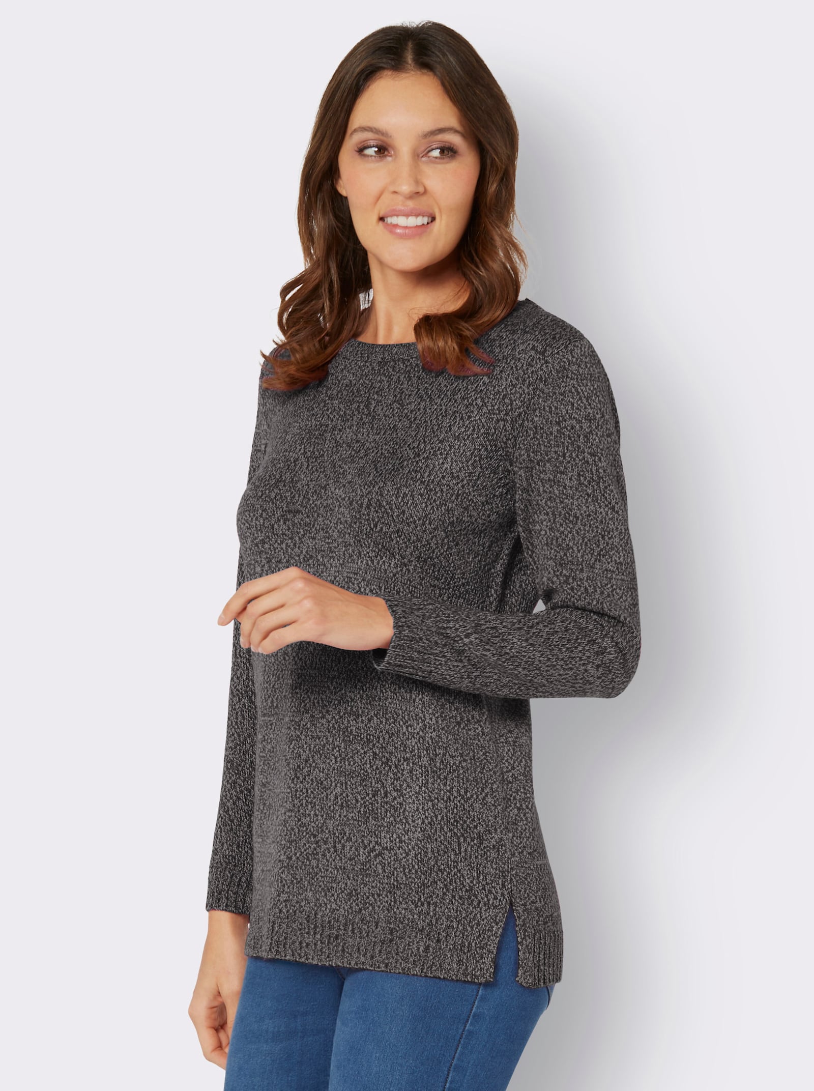 Longpullover aus Melange-Garn - steingrau-meliert