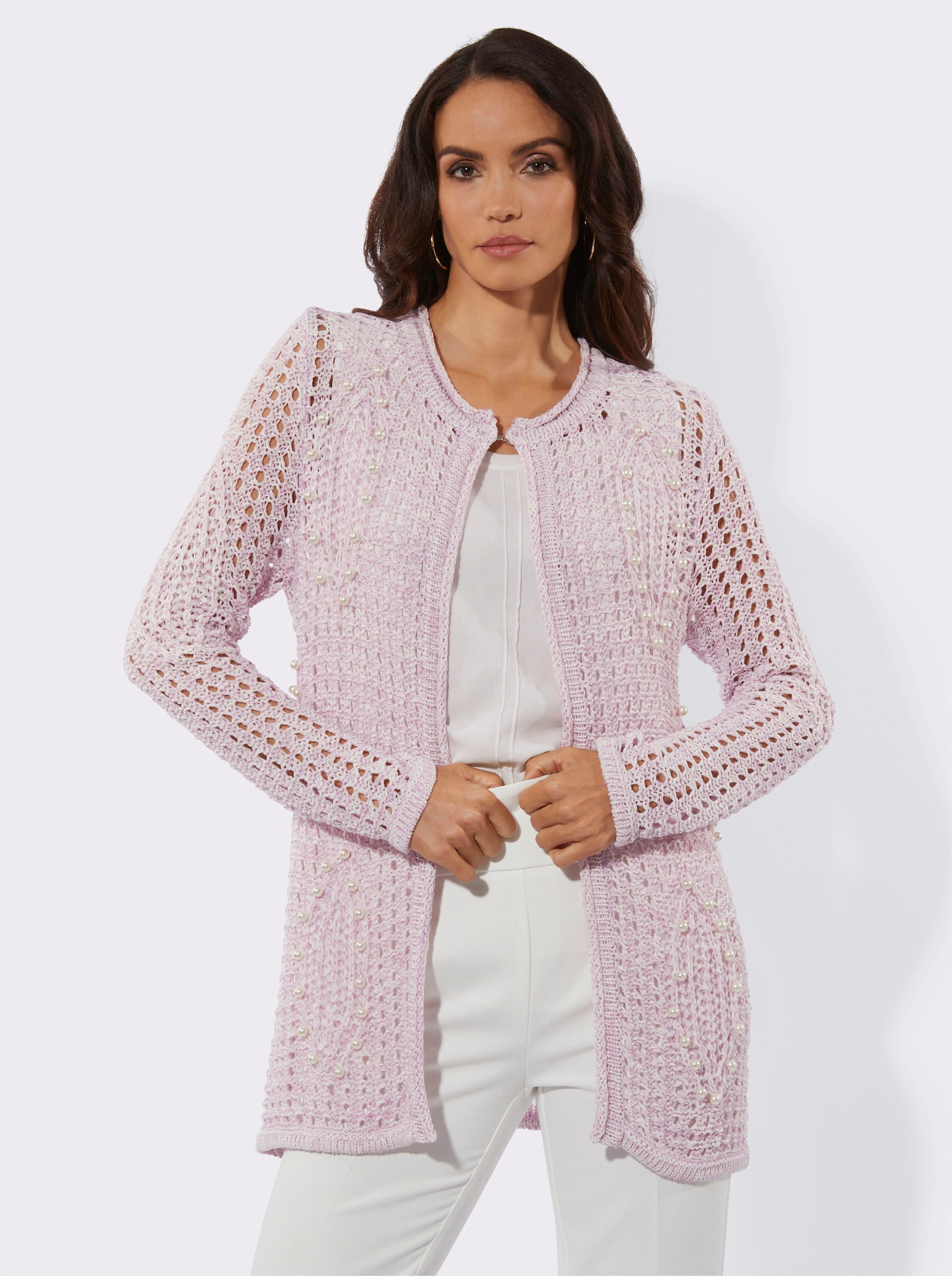 Longstrickjacke mit Hakenverschluss - ecru-orchidee-meliert