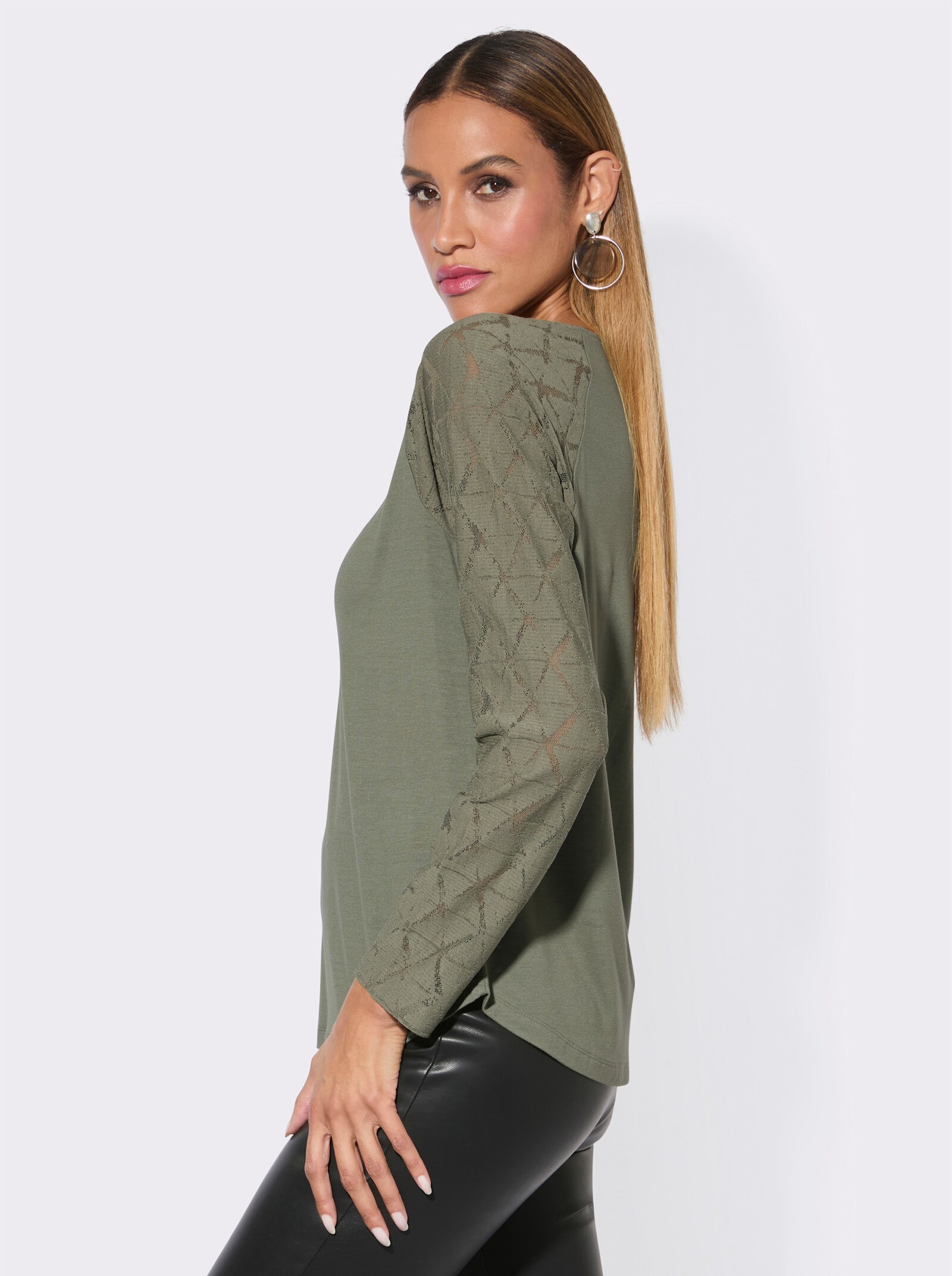 Spitzenshirt mit Reißverschluss - khaki