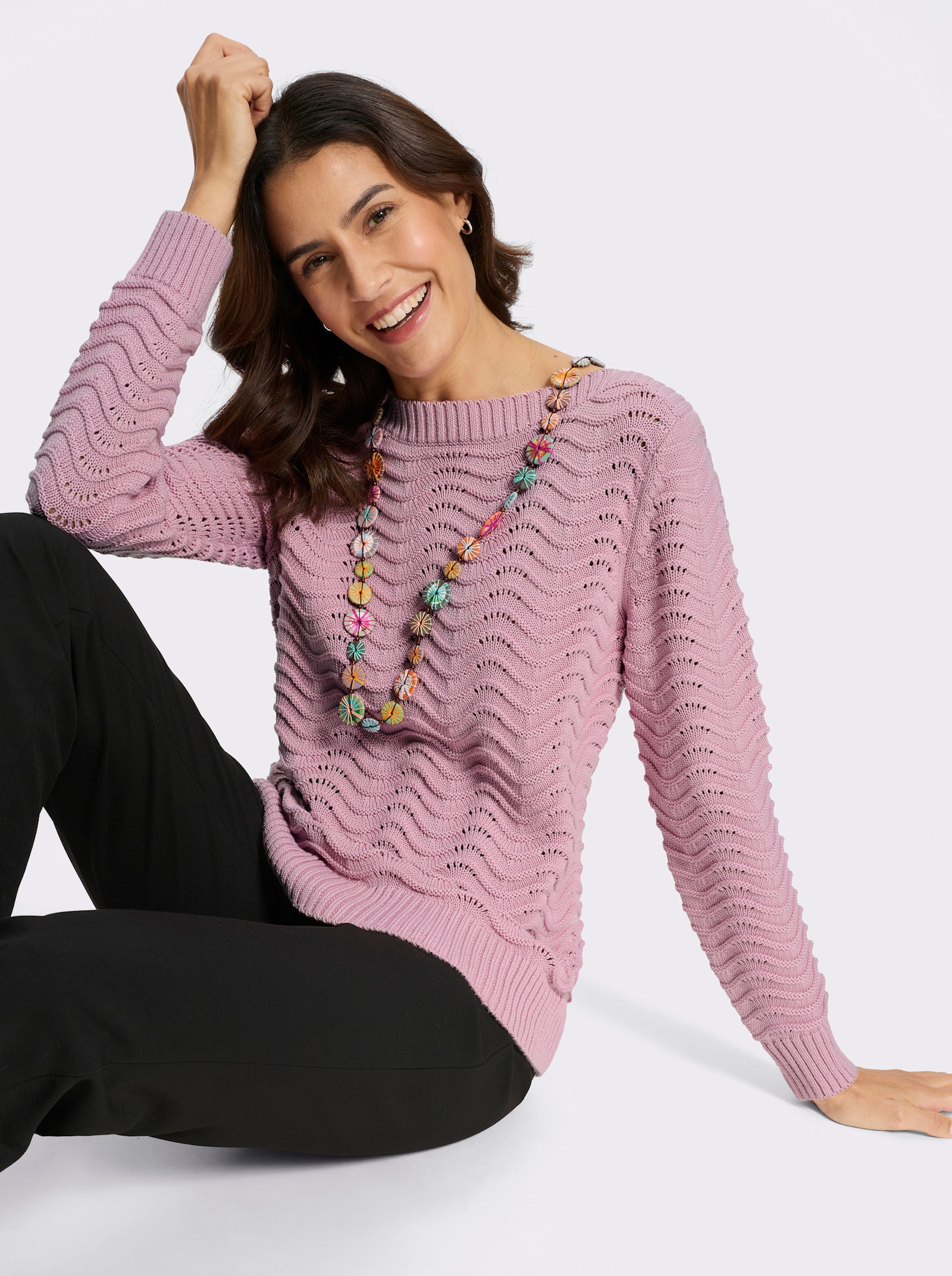 Pullover mit wellenförmigem Ajour-Strickmuster - rosé