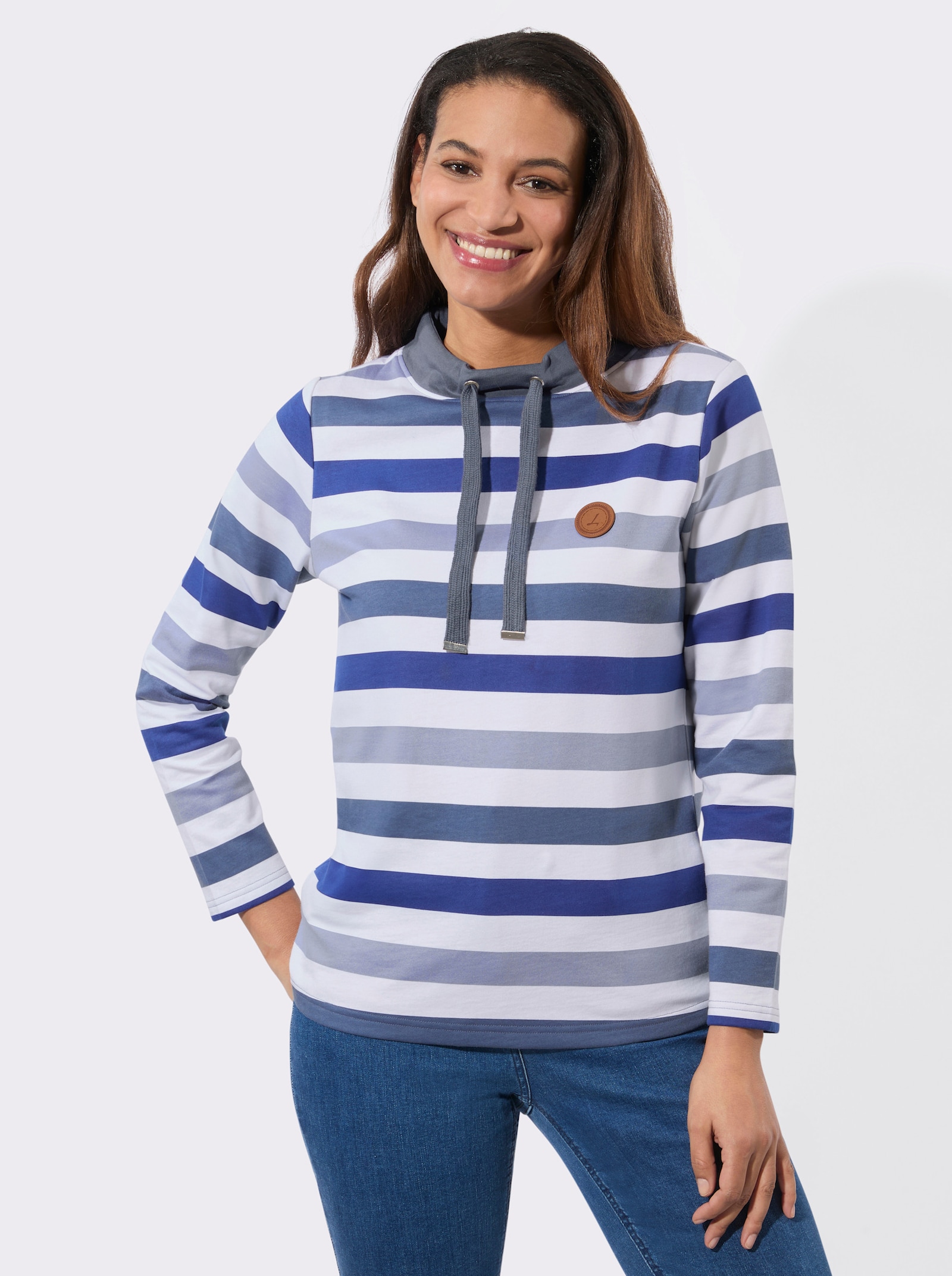 Sweatshirt mit halsfernem Stehkragen - taubenblau-rauchblau-geringelt