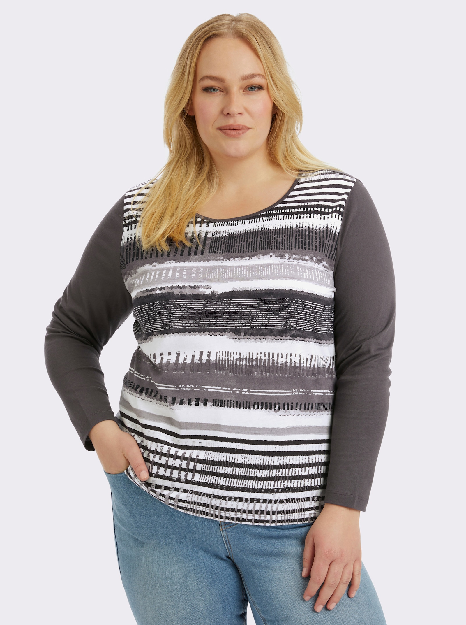 Langarmshirt mit grafischem Muster vorne - dunkelgrau-gestreift