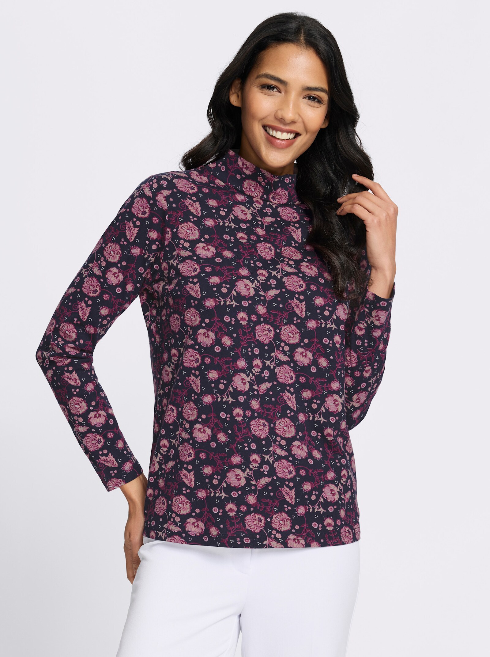 Stehkragenshirt mit Blütenmuster - marine-erika-bedruckt