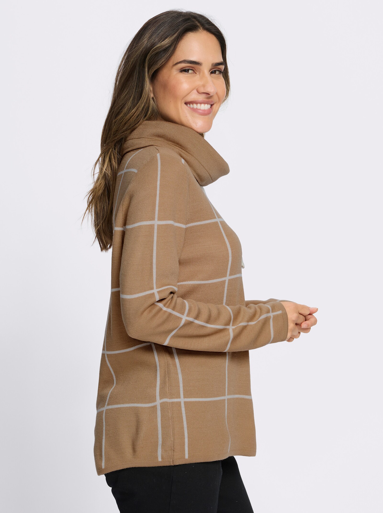 Rollkragenpullover mit Jacquard-Karo - camel-ecru-gemustert