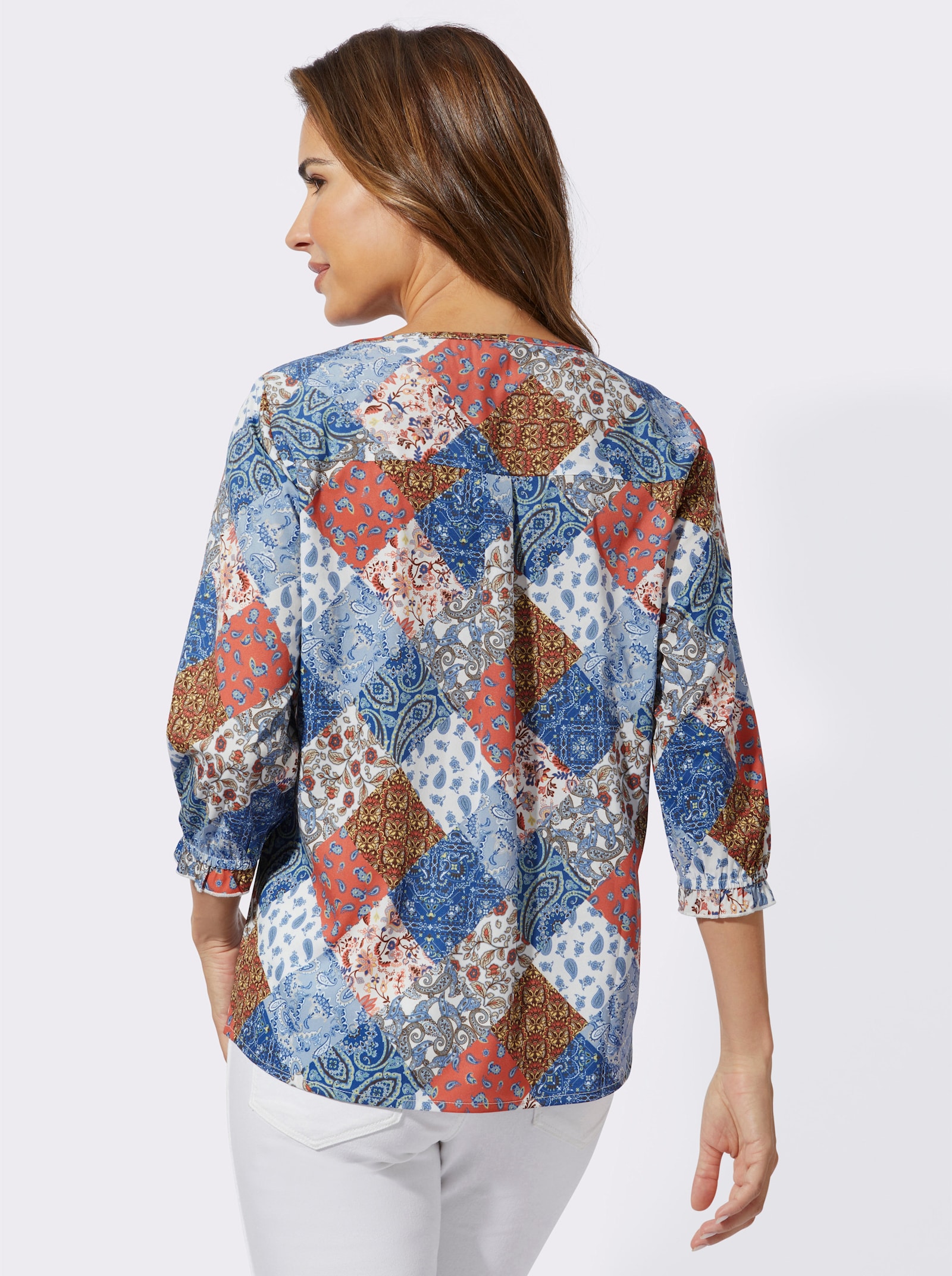 Comfortblouse met patchworkpatroon - duifblauw/terra bedrukt