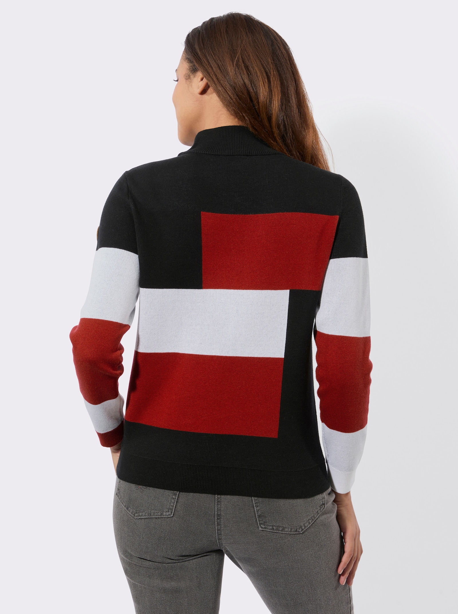 Langarm-Pullover mit Stehkragen - rot-schwarz-gemustert