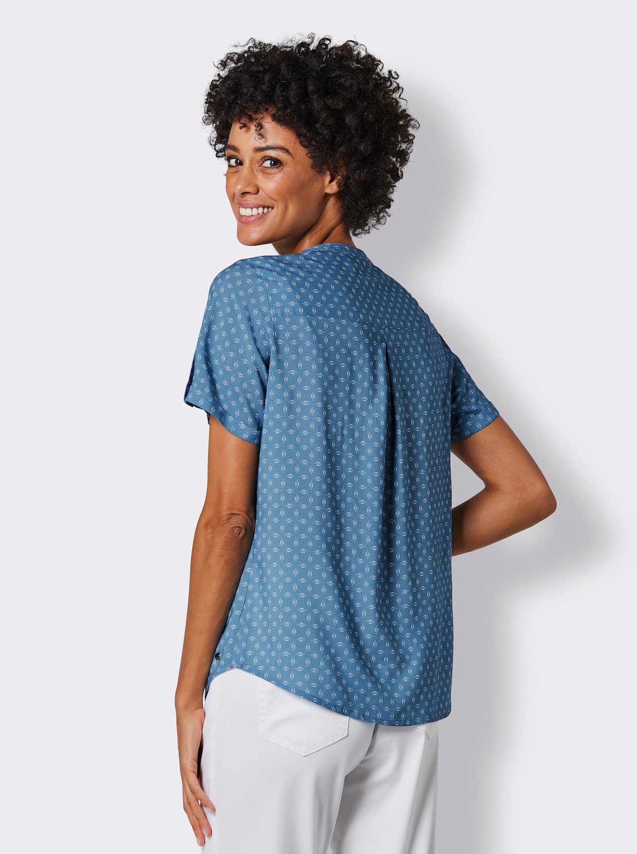 CREATION L PREMIUM Modal-Bluse - mittelblau-weiß-bedruckt