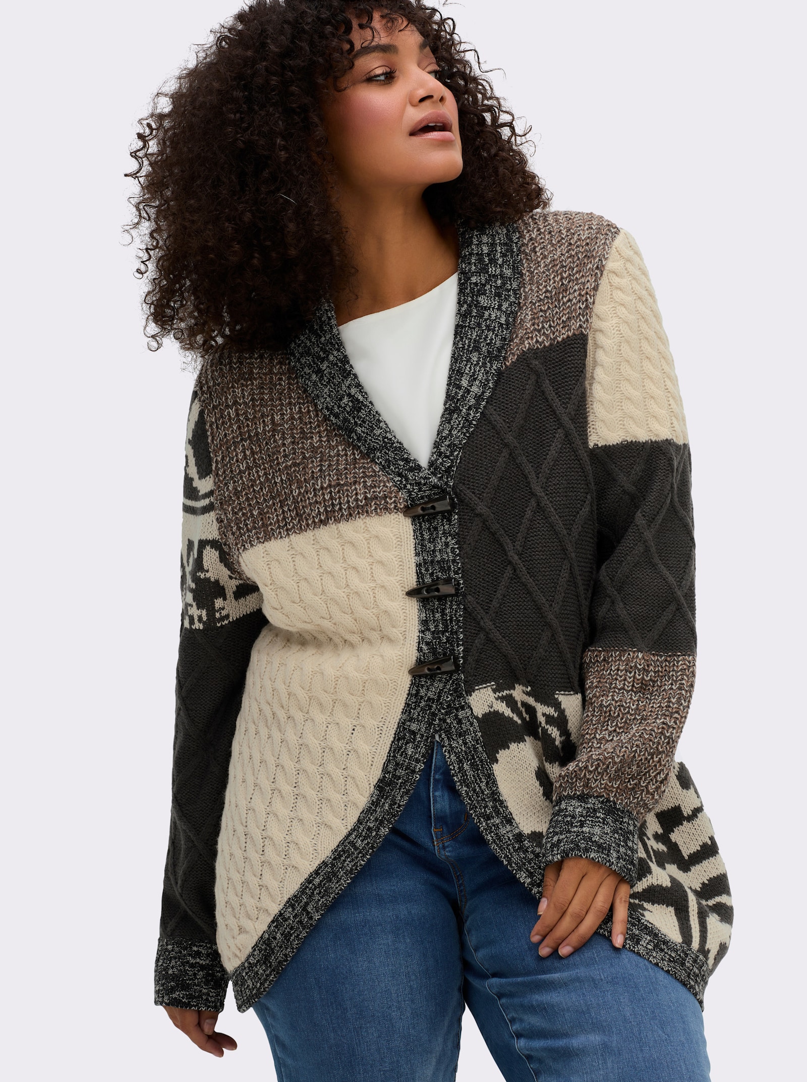 sheego by Joe Browns Strickjacke im rustikalen Patchwork-Stil - schoko-champagner-gemustert