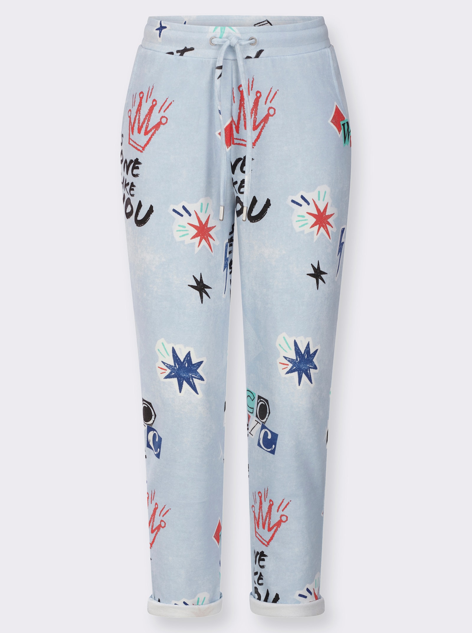 Sweathose in Jeans-Optik mit Druck-Motiven - hellblau-rot-bedruckt