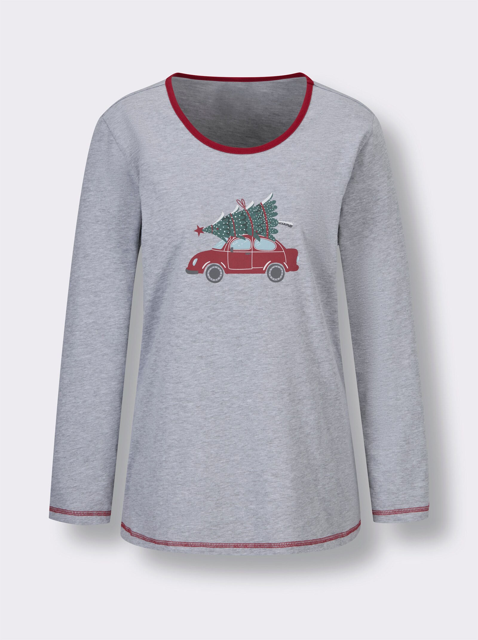 Comtessa Schlafanzugshirt mit Weihnachts-Motiv - grau-meliert-rot