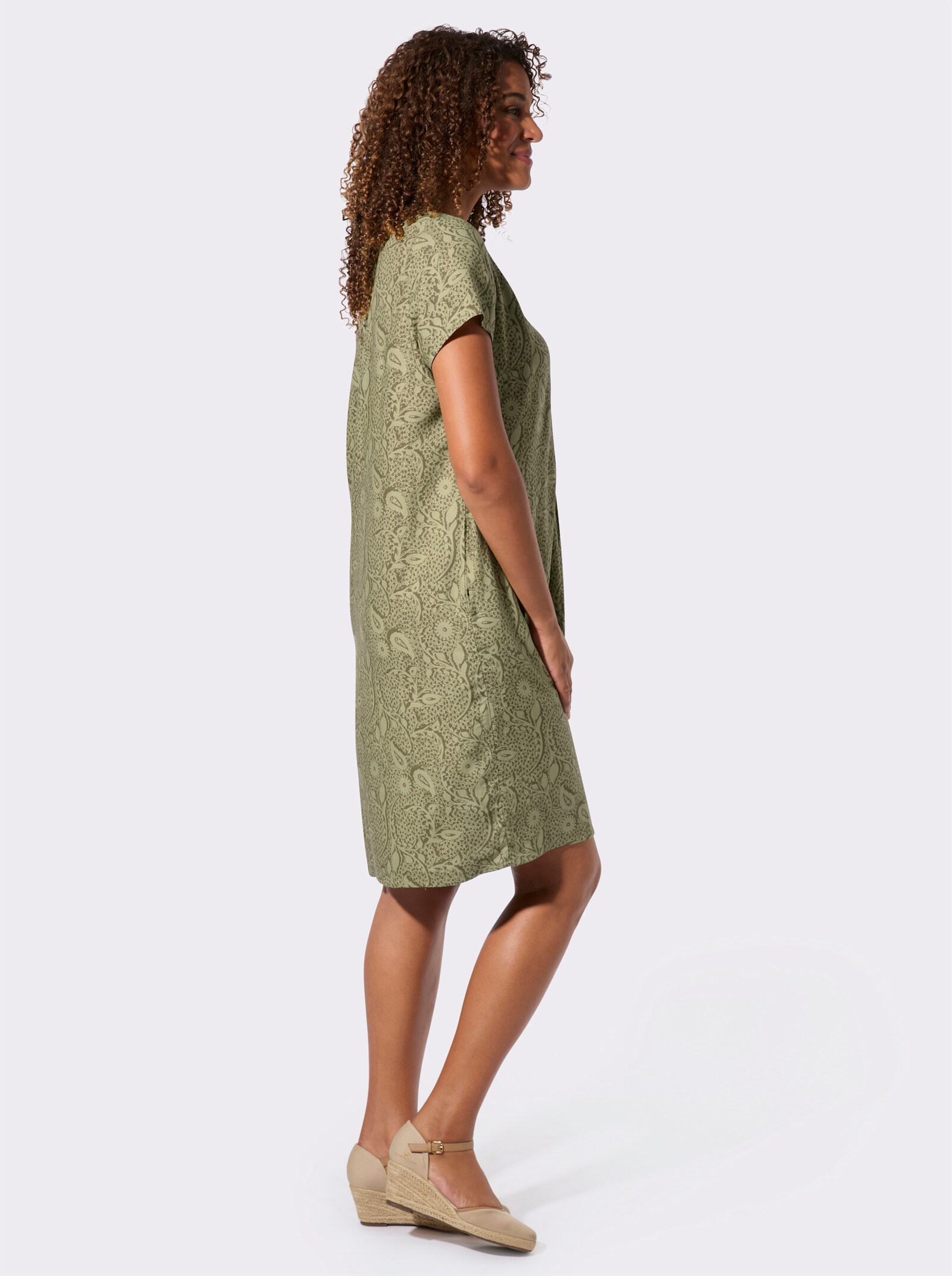 Webkleid in A-Form - schilf-khaki-bedruckt