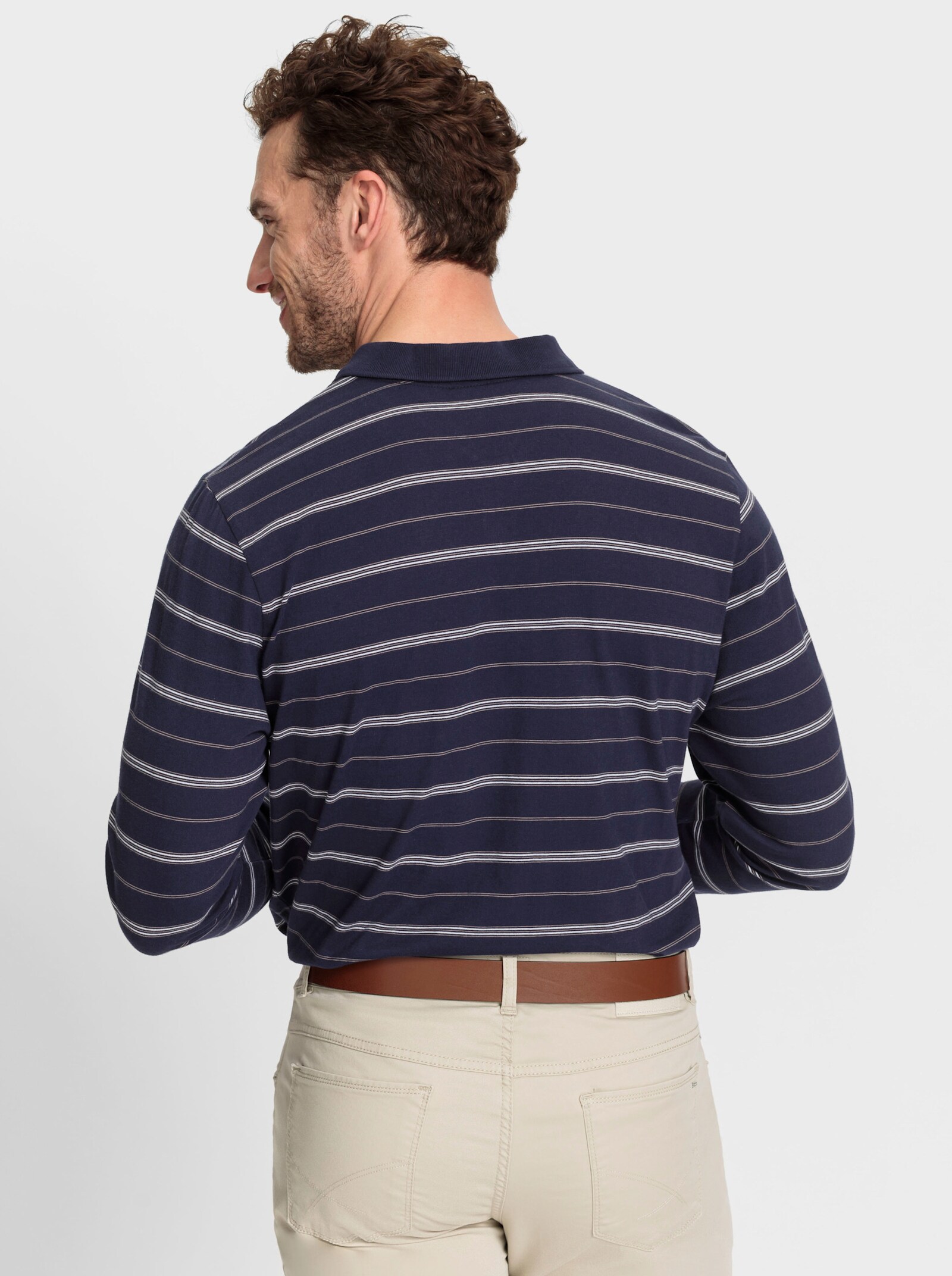 Marco Donati Poloshirt met lange mouwen en blijvend schitterend streeppatroon - marine gestreept