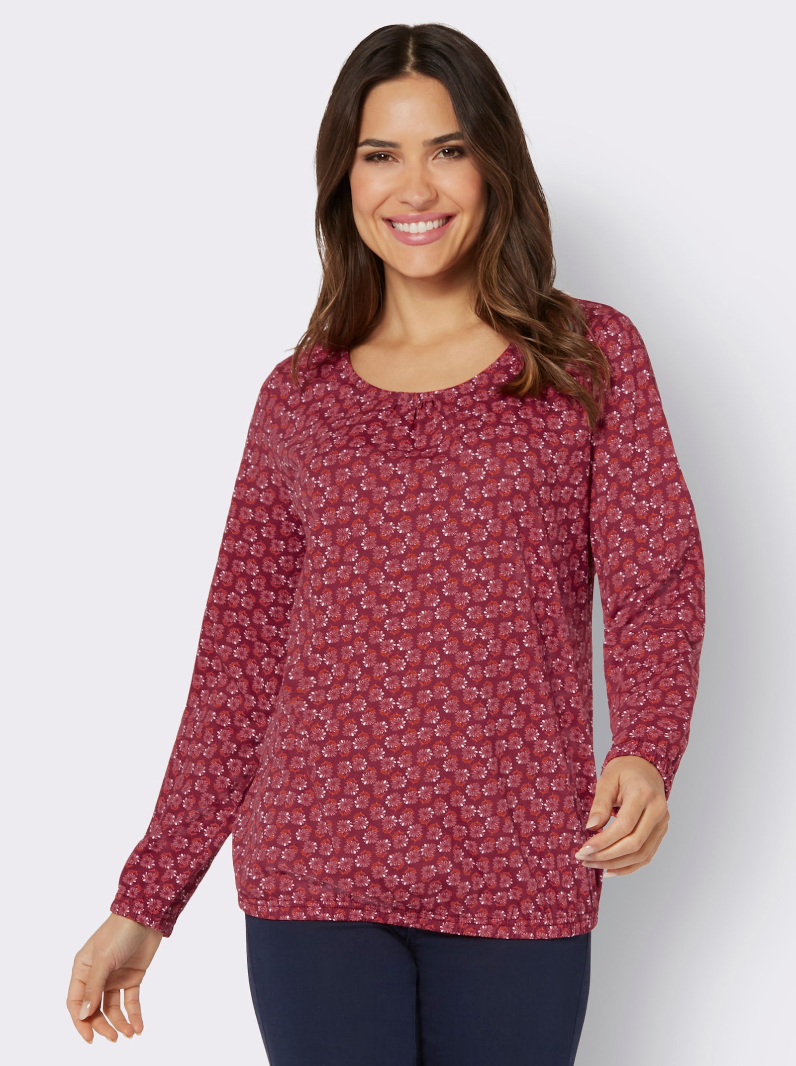 Shirt met ronde hals en elastische boordjes aan de mouwen - kers/koraal bedrukt