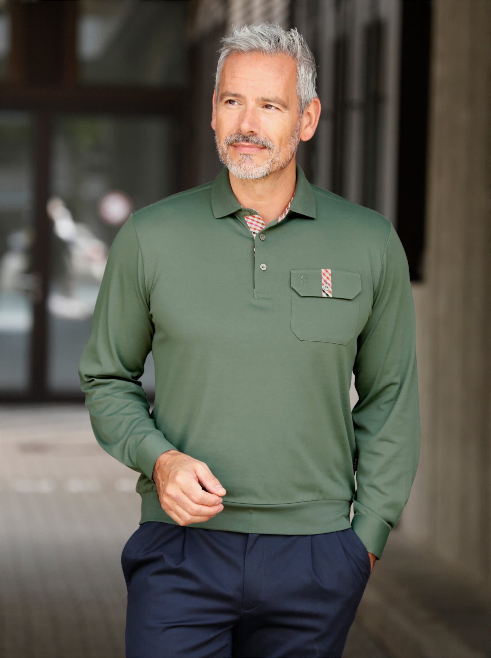 Hajo Langarm-Poloshirt - moos