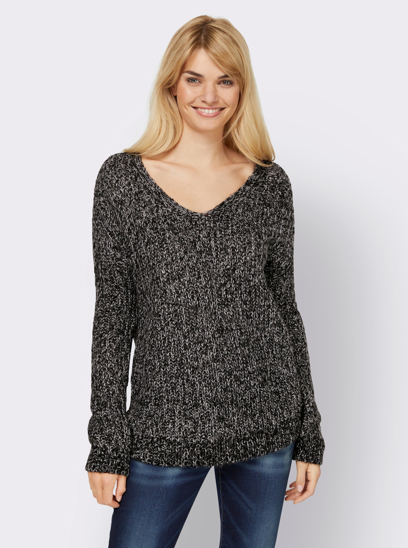 heine Pullover met V-hals in gemêleerde look - zwart gemêleerd