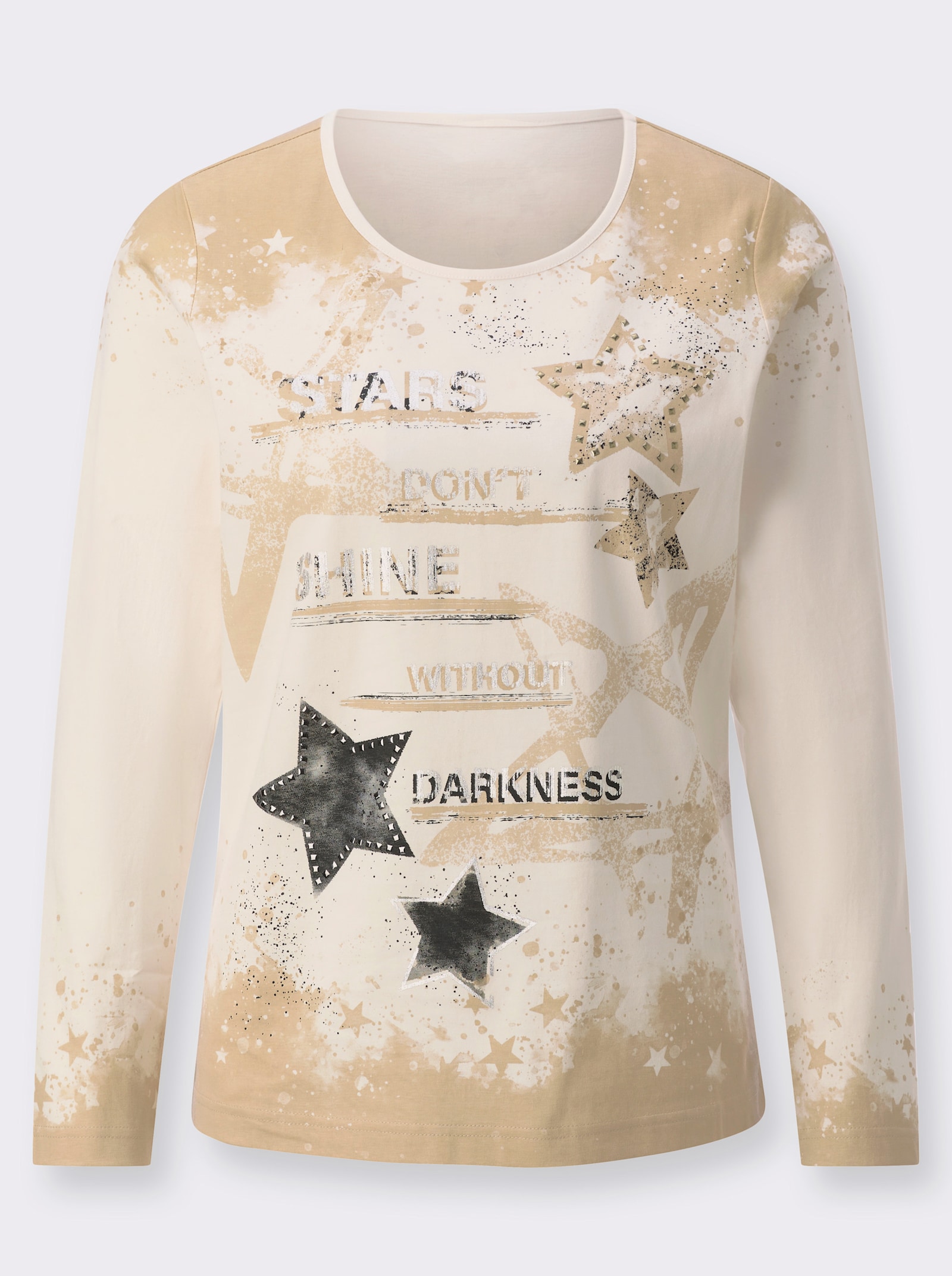 Print-Shirt mit glänzendem Sternendruck - champagner-schwarz-bedruckt