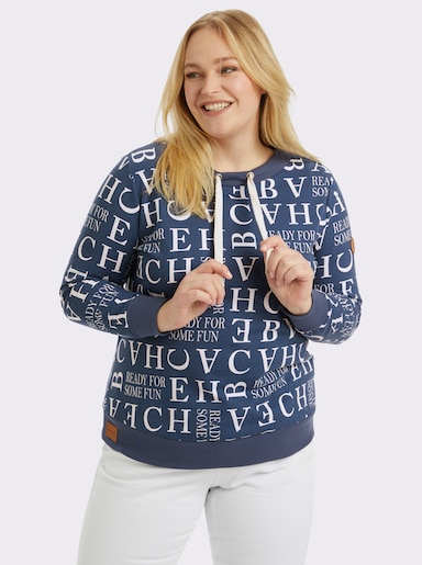 Sweatshirt mit Kordeldurchzug am Ausschnitt - dunkelblau-ecru-bedruckt