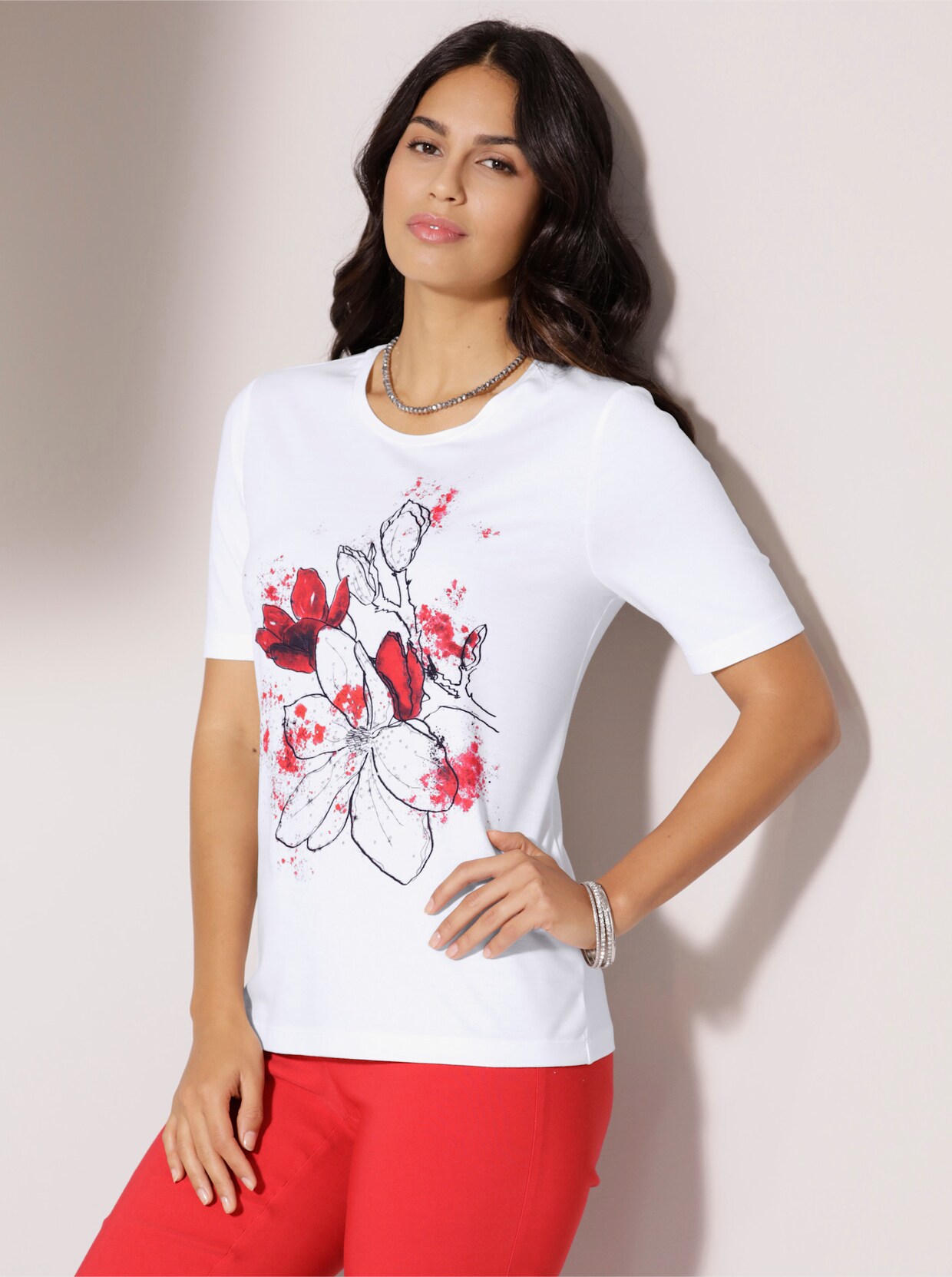 Print-Shirt - ecru-rot-bedruckt