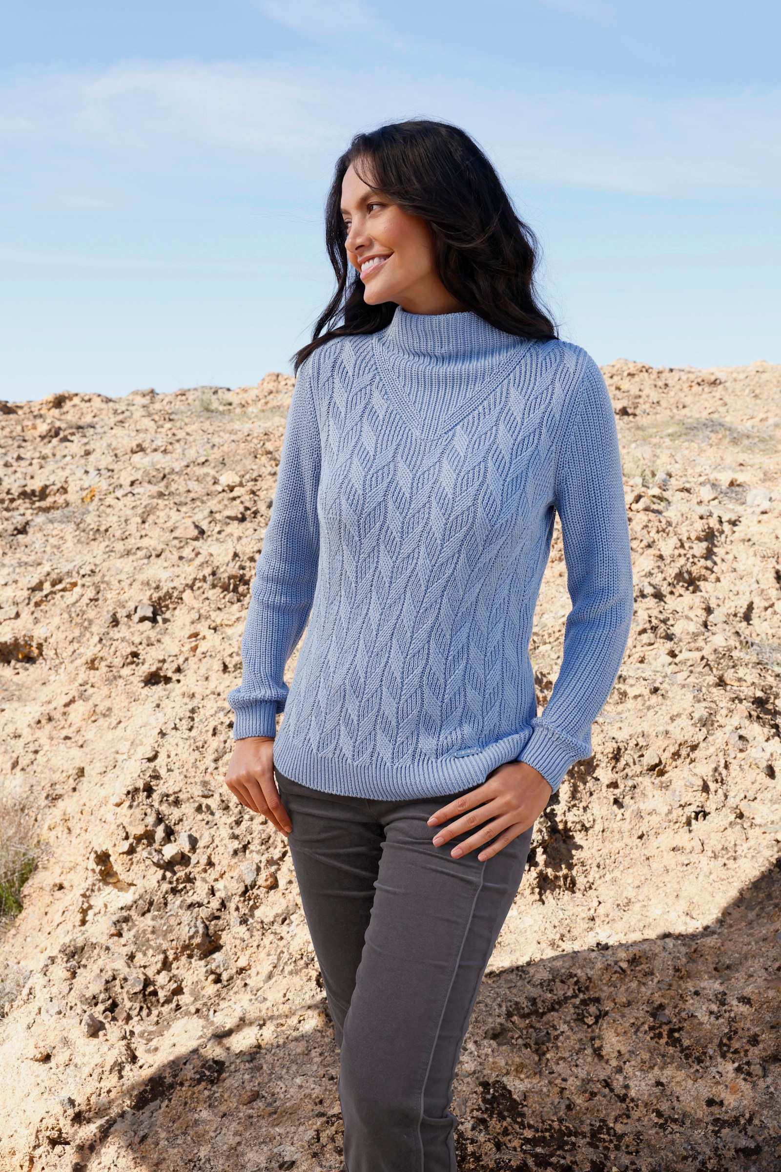Langarm-Pullover mit Zopfmuster - bleu