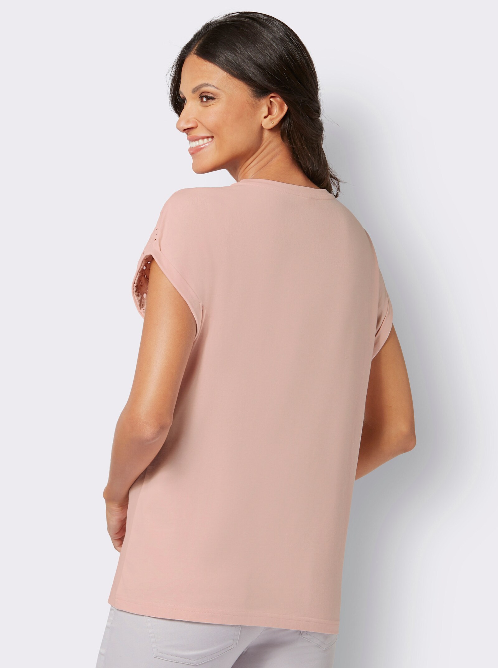 Tričko s kulatým výstřihem s ažurovou výšivkou - pudrová