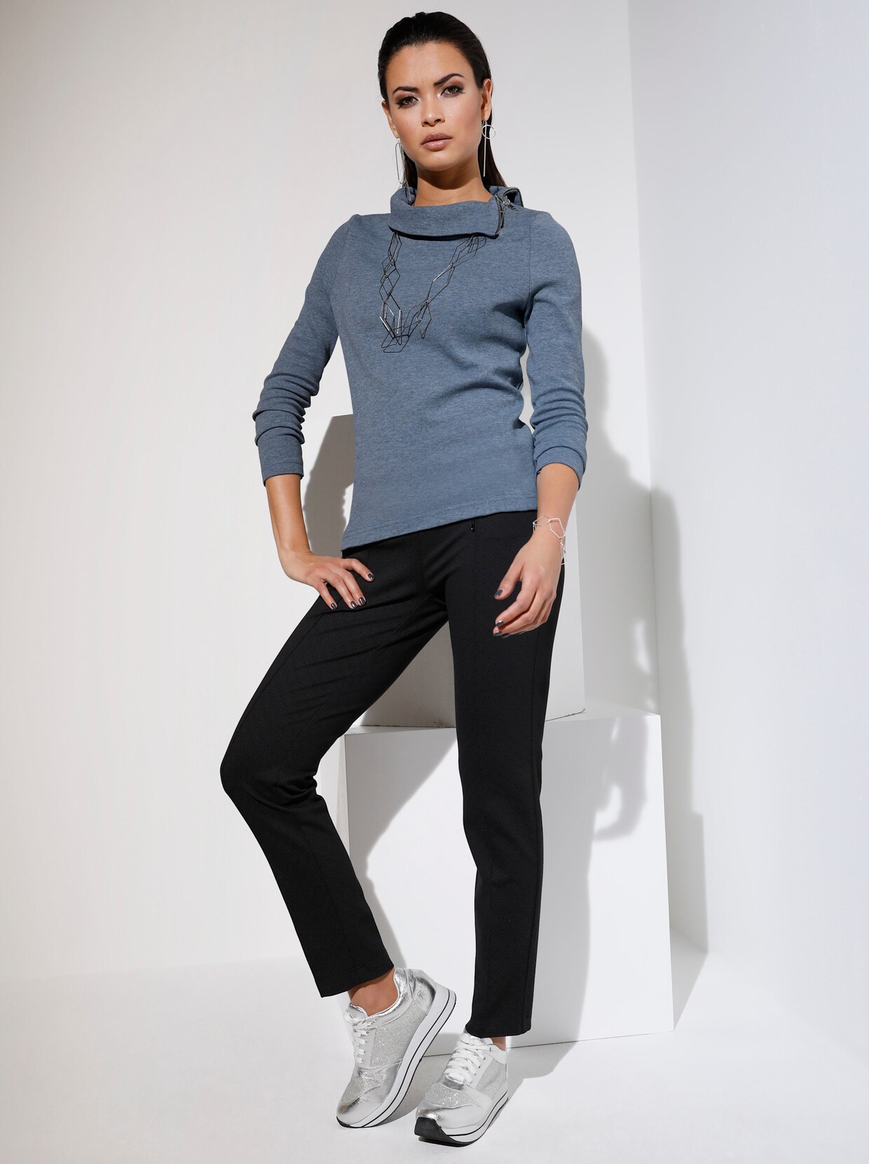 Langarm-Poloshirt - blaugrau
