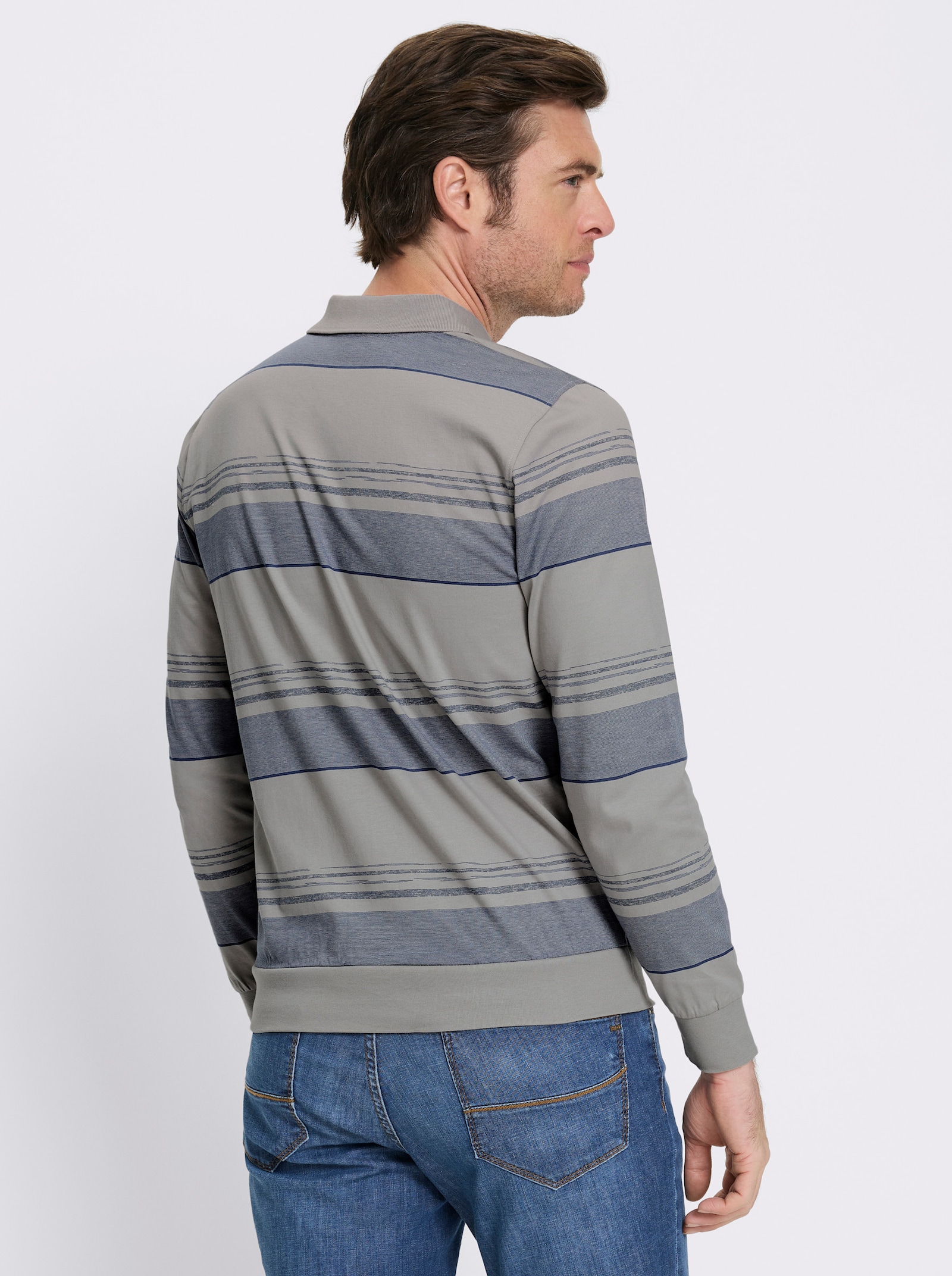 Marco Donati Langarm-Poloshirt mit Rippbündchen - steingrau-gemustert