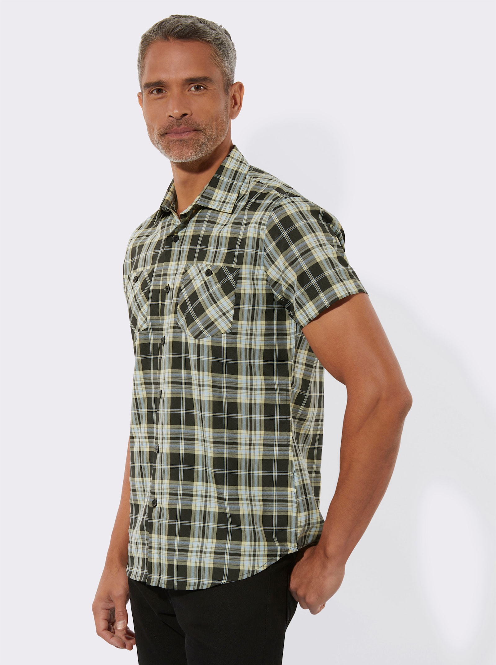 Kurzarmhemd mit Brusttaschen - schwarz-zitrone-kariert